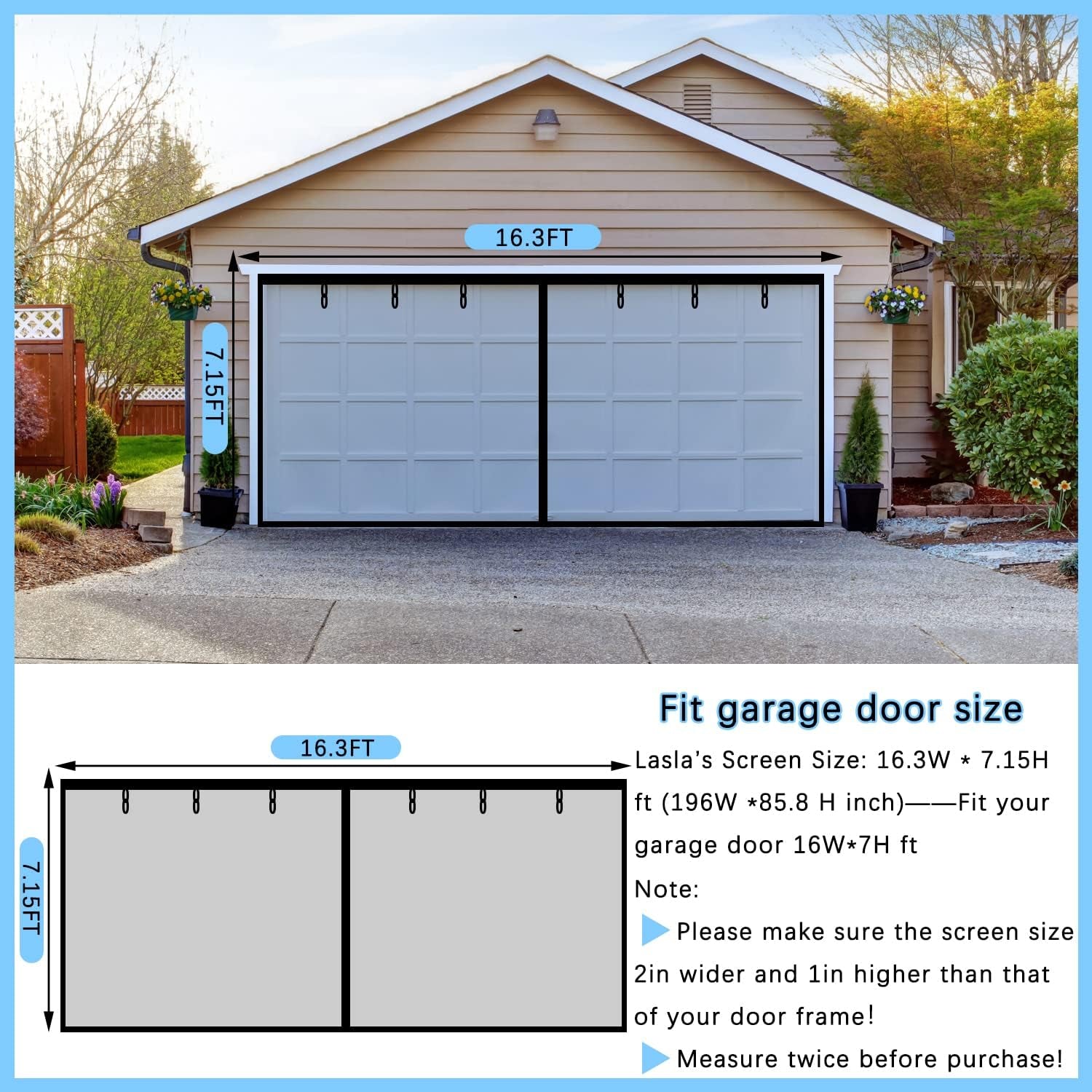 Magnetic Garage Screen Door 16X7Ft for 2 Car Garage Doors - Fiberglass Garage Screen Cover Kit Garage Door Curtain,Stronger High Energy Magnets,Hands Free Magnetic Screen Door (A-16 * 7FT)