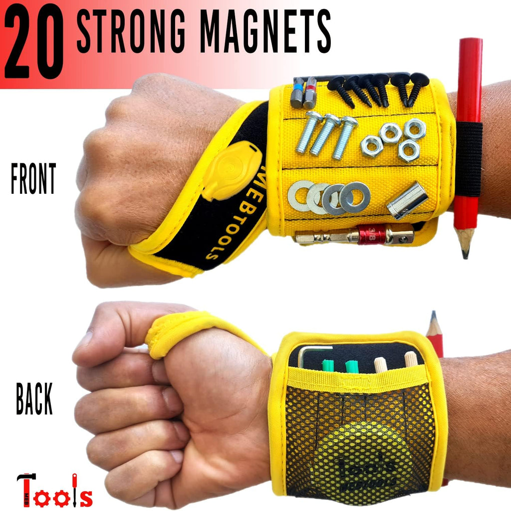 Magnetic Wristband with Flashlight and Tape Measure – Screw, Drill Bit, and Nail Holder with 20 Strong Magnet Pieces Increases Convenience for DIY, Carpenters, Mechanics, and More by