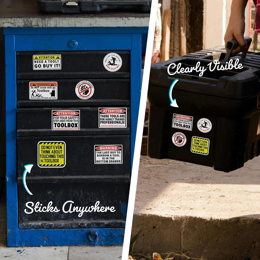 Funny Tool Box Stickers and Decals (8 Pack) - Strong Adhesive Waterproof Funnytool Warning Stickers - No Fade, Used for Tool Box, Helmet, Hard Hat, Laptop, Water Bottle