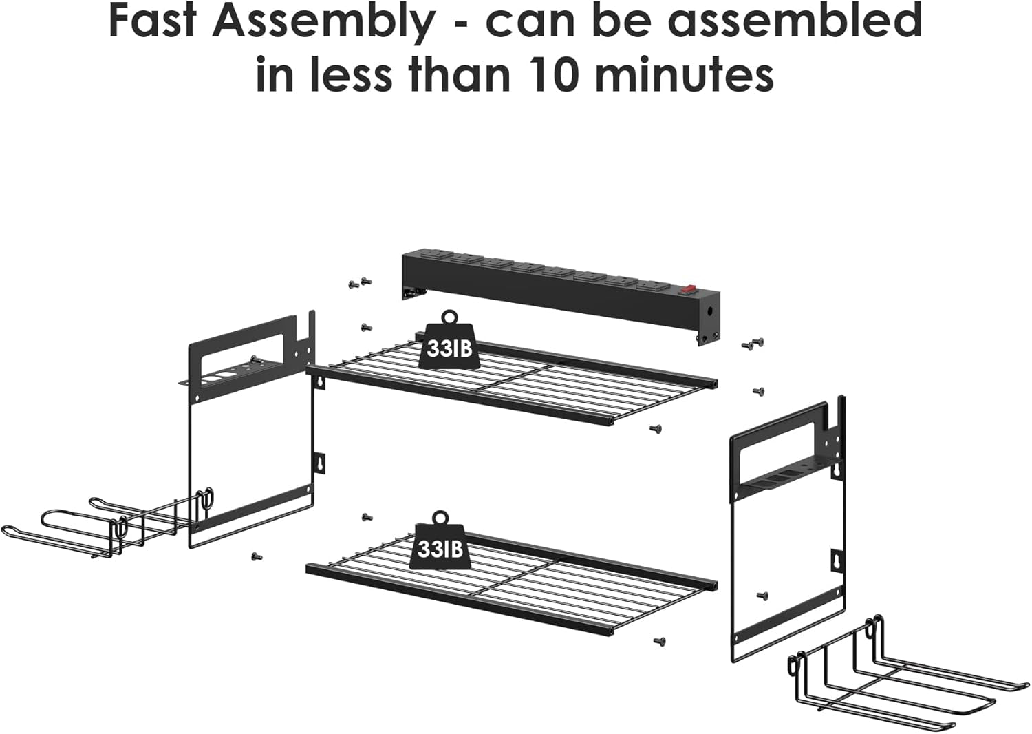 Garage Tools Storage with Charging Station. Power Tool Battery Organizer Utility Shelf with Power Strip. 4 Drills Holder Wall Mount Rack, Black.