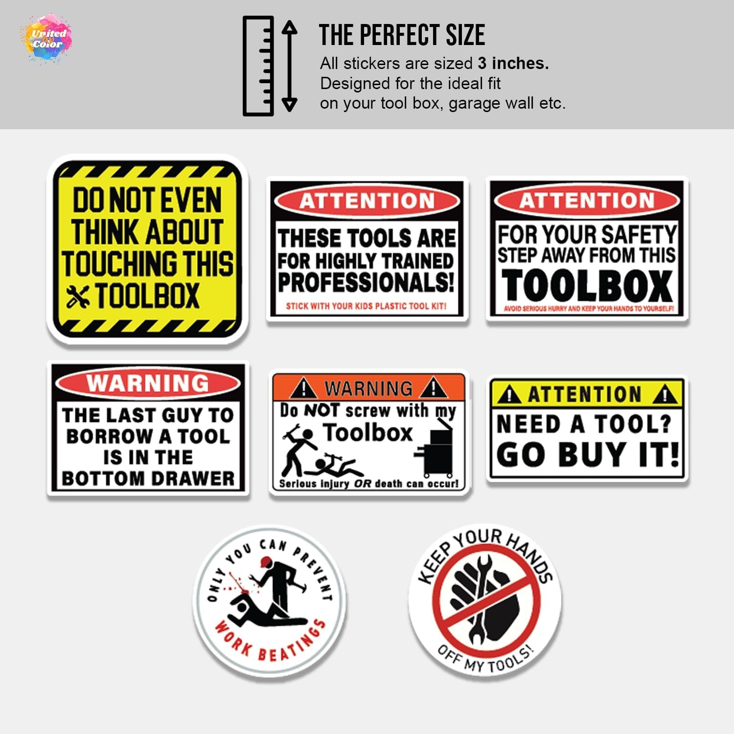 Funny Tool Box Stickers and Decals (8 Pack) - Strong Adhesive Waterproof Funnytool Warning Stickers - No Fade, Used for Tool Box, Helmet, Hard Hat, Laptop, Water Bottle