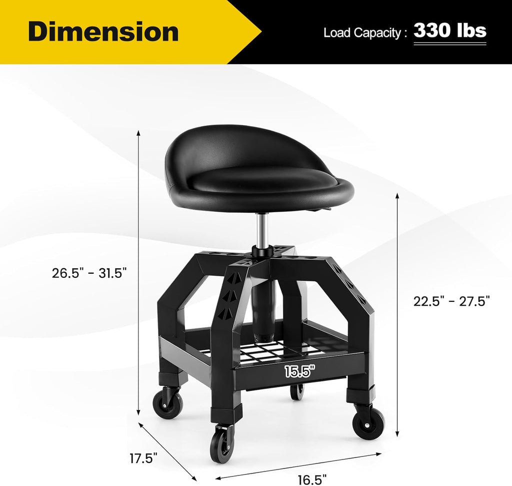 Rolling Garage Stool, 22.5”-27.5” Adjustable Mechanic Chair with Padded Seat, 330LBS Capacity, Tool Tray, Heavy Duty Creeper Seat, 360° Swivel Shop Stool for Workshop