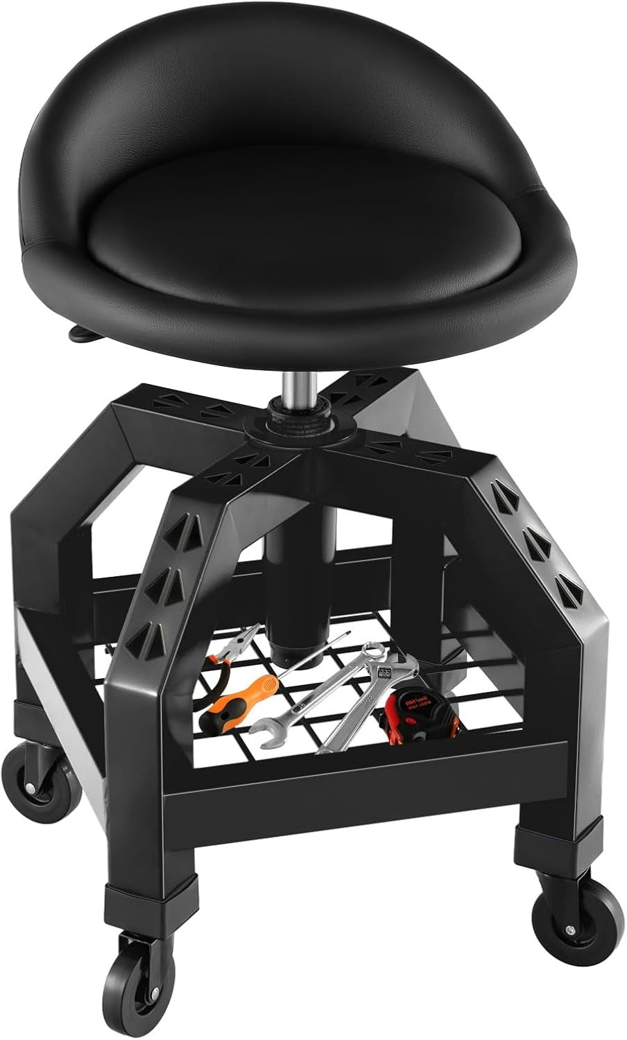 Rolling Garage Stool, 22.5”-27.5” Adjustable Mechanic Chair with Padded Seat, 330LBS Capacity, Tool Tray, Heavy Duty Creeper Seat, 360° Swivel Shop Stool for Workshop