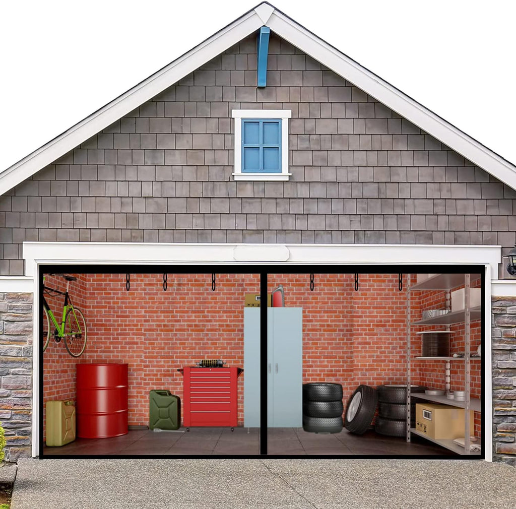 Magnetic Garage Screen Door 16X7Ft for 2 Car Garage Doors - Fiberglass Garage Screen Cover Kit Garage Door Curtain,Stronger High Energy Magnets,Hands Free Magnetic Screen Door (A-16 * 7FT)