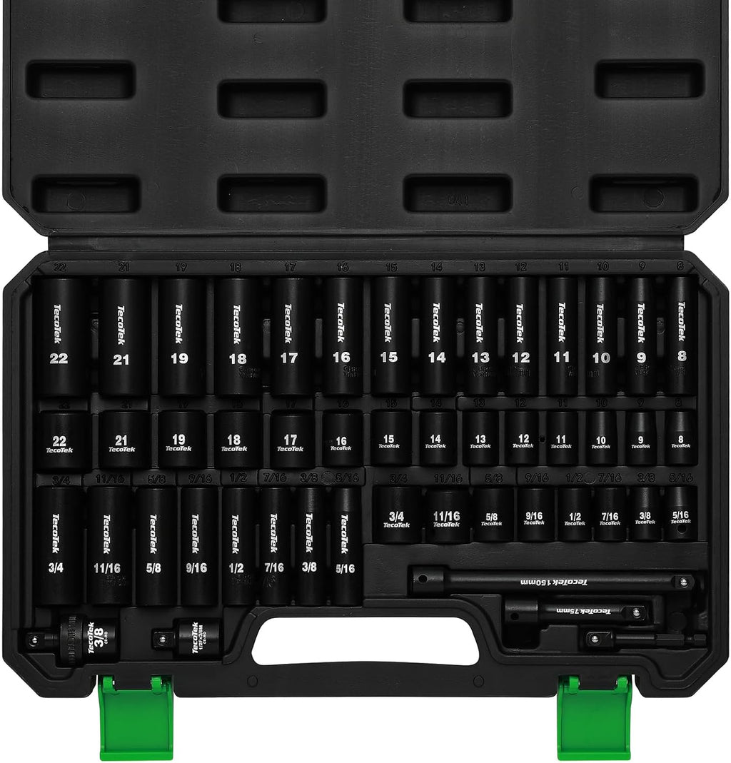 3/8" Drive Impact Socket Set, 49-Piece SAE (5/16"-3/4") and Metric (8Mm-22Mm), 6 Point, Cr-V, Extension Bars, 1/2" F to 3/8" M Reducer, Universal Joint and Power Drill Adapter
