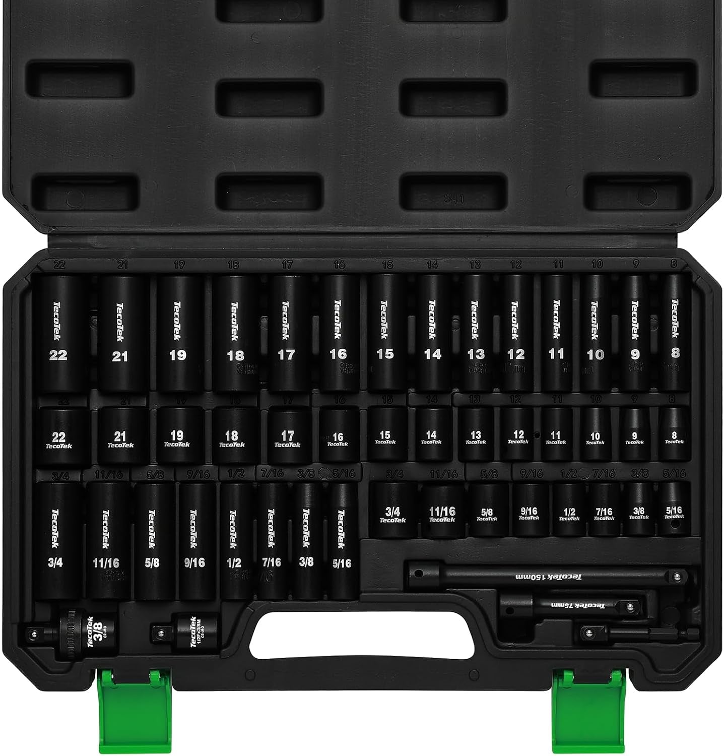 3/8" Drive Impact Socket Set, 49-Piece SAE (5/16"-3/4") and Metric (8Mm-22Mm), 6 Point, Cr-V, Extension Bars, 1/2" F to 3/8" M Reducer, Universal Joint and Power Drill Adapter