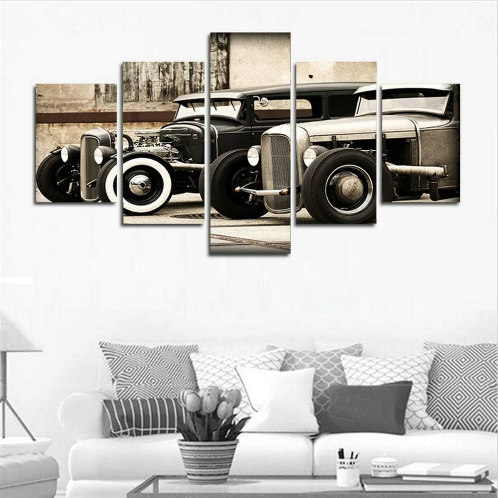 Modular Poster HD Printed Canvas Painting Frames for Living Room Wall Art 5 Pieces Hot Rod Vintage Car Pictures Home Decor(40" W X 20" H, Framed)