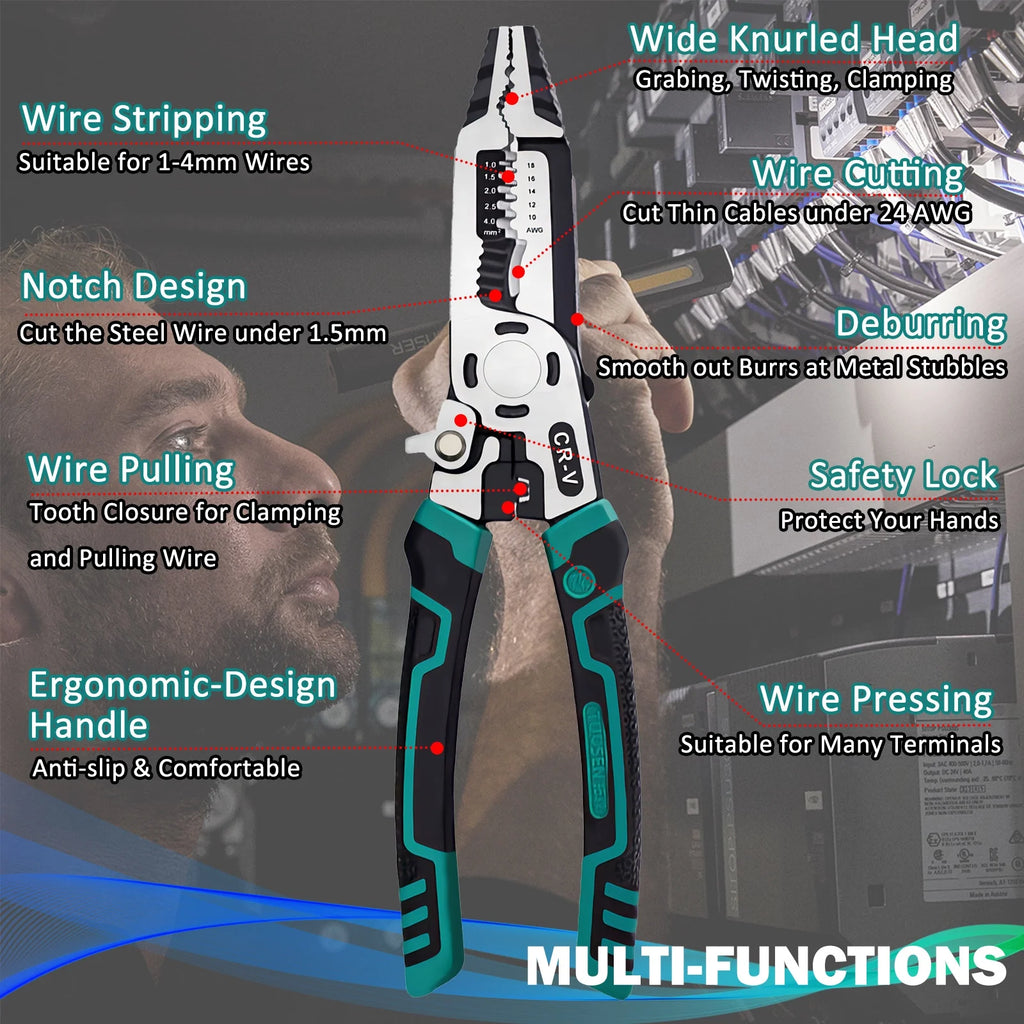 9 in 1 Multipurpose Wire Stripper, 9’’ Heavy Duty Super Tough Electrical Wire Pliers Crimper, Electrical Lineman Wire Stripper Tool with Wire Cutter, Wiring Tools