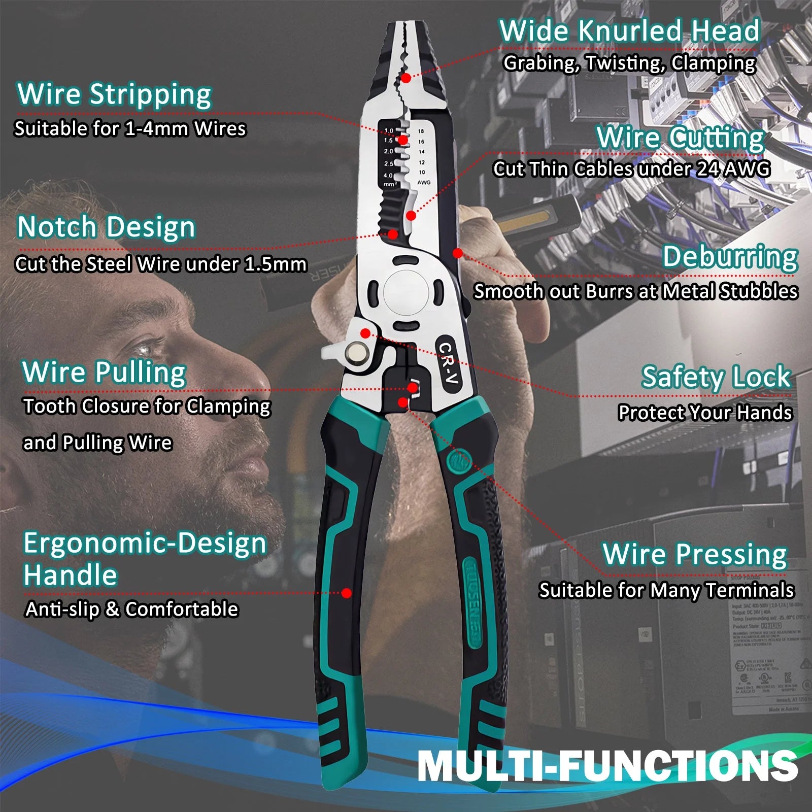9 in 1 Multipurpose Wire Stripper, 9’’ Heavy Duty Super Tough Electrical Wire Pliers Crimper, Electrical Lineman Wire Stripper Tool with Wire Cutter, Wiring Tools
