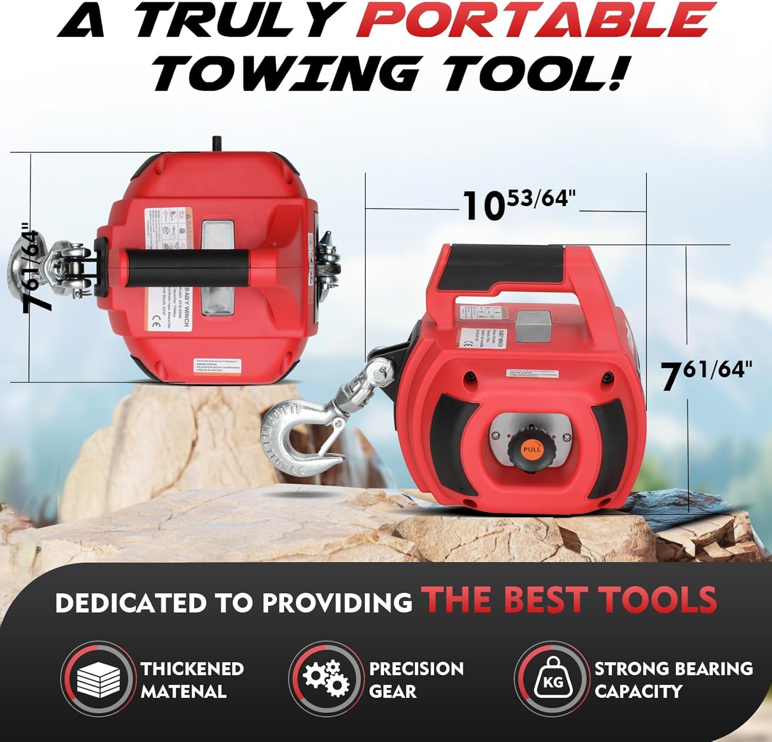 Portable Drill Winch of 1000 Lbs, Red Handheld Drill Winch with 40 Foot Synthetic Rope, Rotate the Hook 360 Degrees, for Lifting & Dragging(Red)