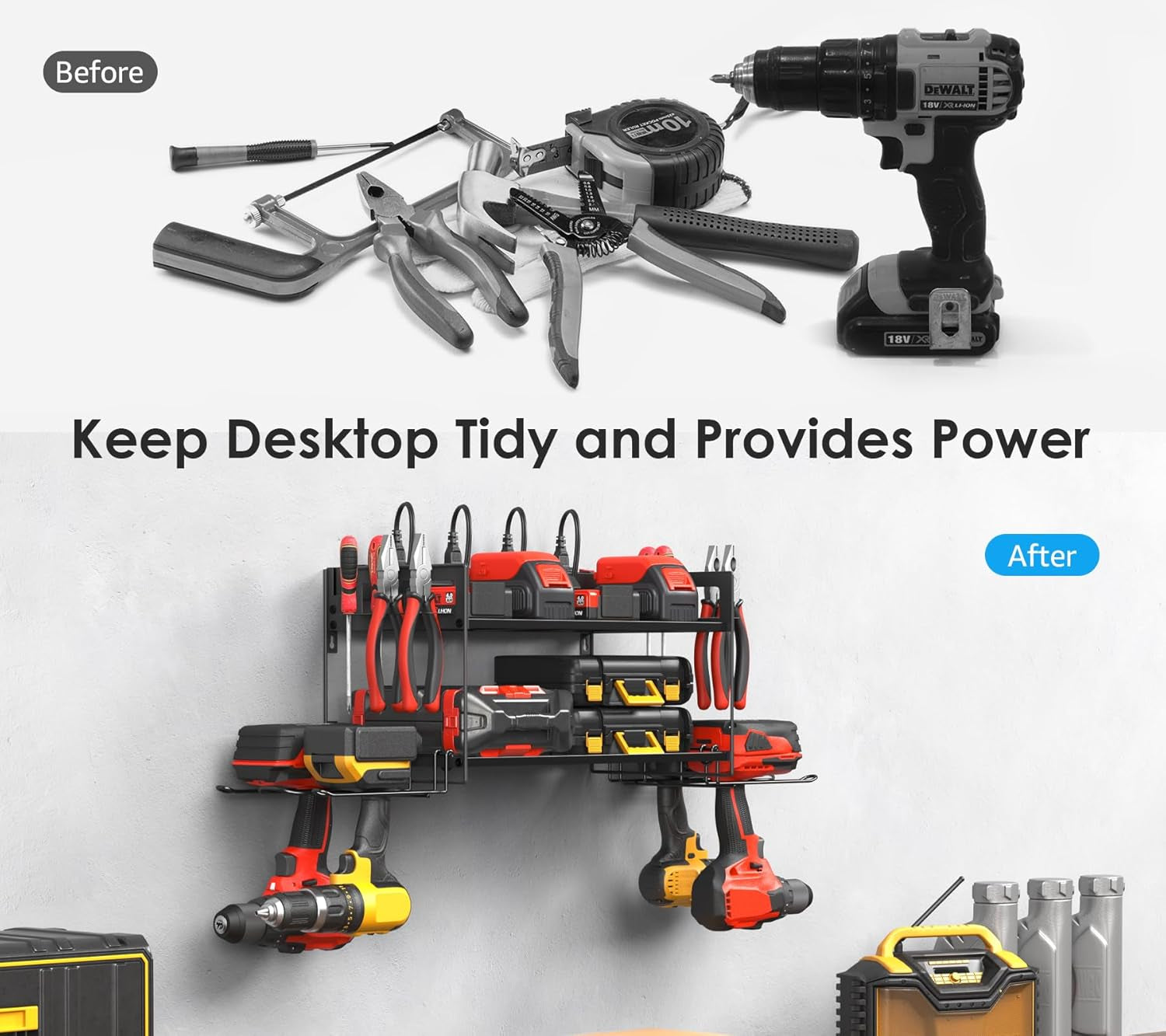 Garage Tools Storage with Charging Station. Power Tool Battery Organizer Utility Shelf with Power Strip. 4 Drills Holder Wall Mount Rack, Black.