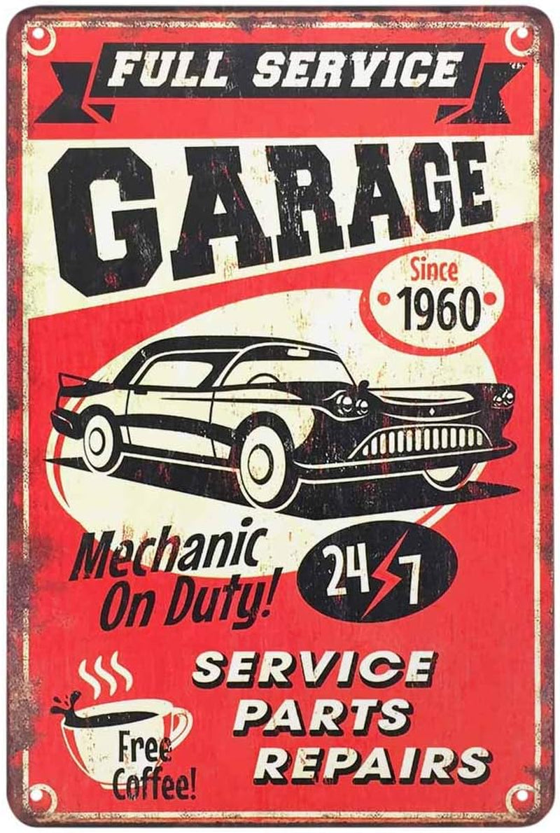 Full Service Garage Tin Sign,Mechanic on Duty 24-7 Car Service Parts Repairs and Drink Coffee Vintage Metal Tin Signs for Cafes Bars Pubs Shop Wall Decorative Funny Retro Signs 8X12 Inch