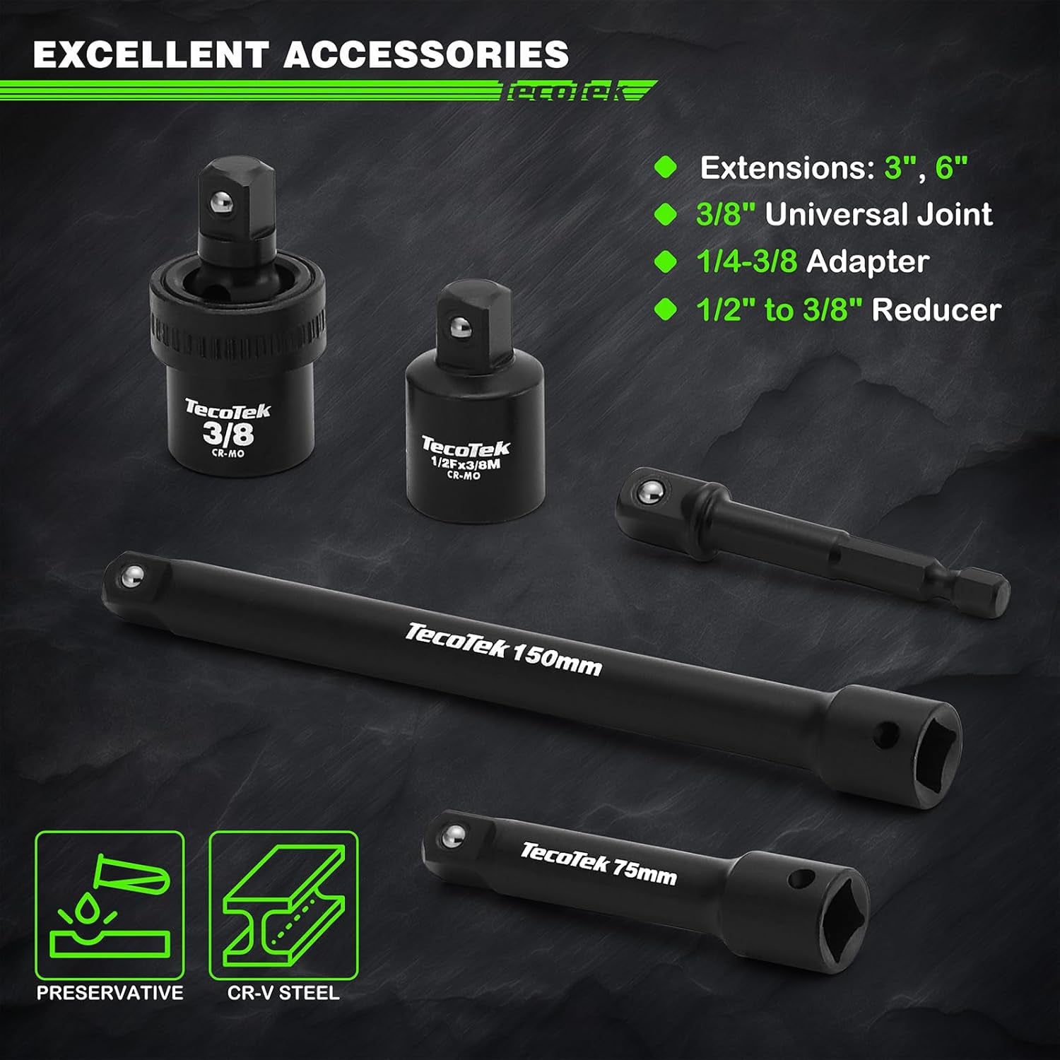 3/8" Drive Impact Socket Set, 49-Piece SAE (5/16"-3/4") and Metric (8Mm-22Mm), 6 Point, Cr-V, Extension Bars, 1/2" F to 3/8" M Reducer, Universal Joint and Power Drill Adapter