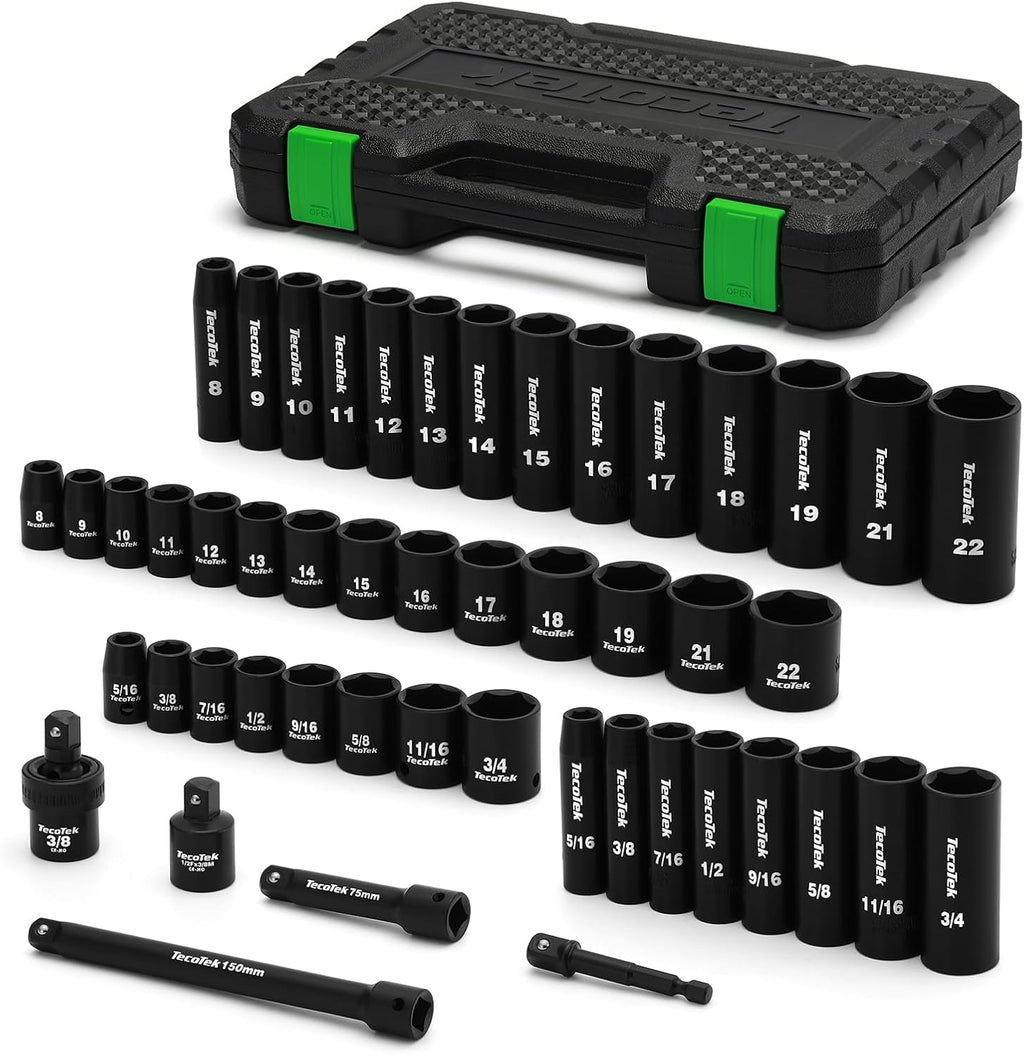 3/8" Drive Impact Socket Set, 49-Piece SAE (5/16"-3/4") and Metric (8Mm-22Mm), 6 Point, Cr-V, Extension Bars, 1/2" F to 3/8" M Reducer, Universal Joint and Power Drill Adapter