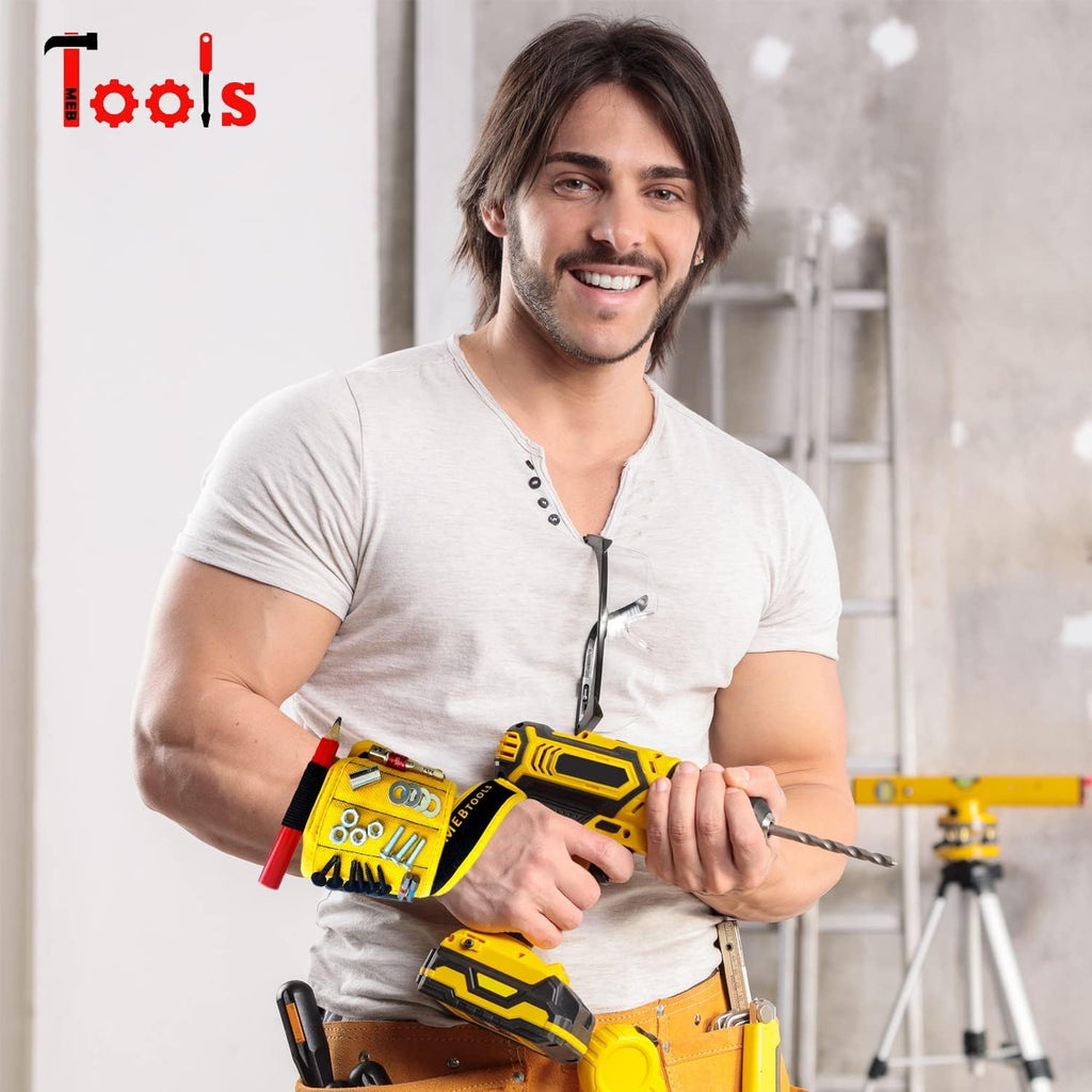 Magnetic Wristband with Flashlight and Tape Measure – Screw, Drill Bit, and Nail Holder with 20 Strong Magnet Pieces Increases Convenience for DIY, Carpenters, Mechanics, and More by