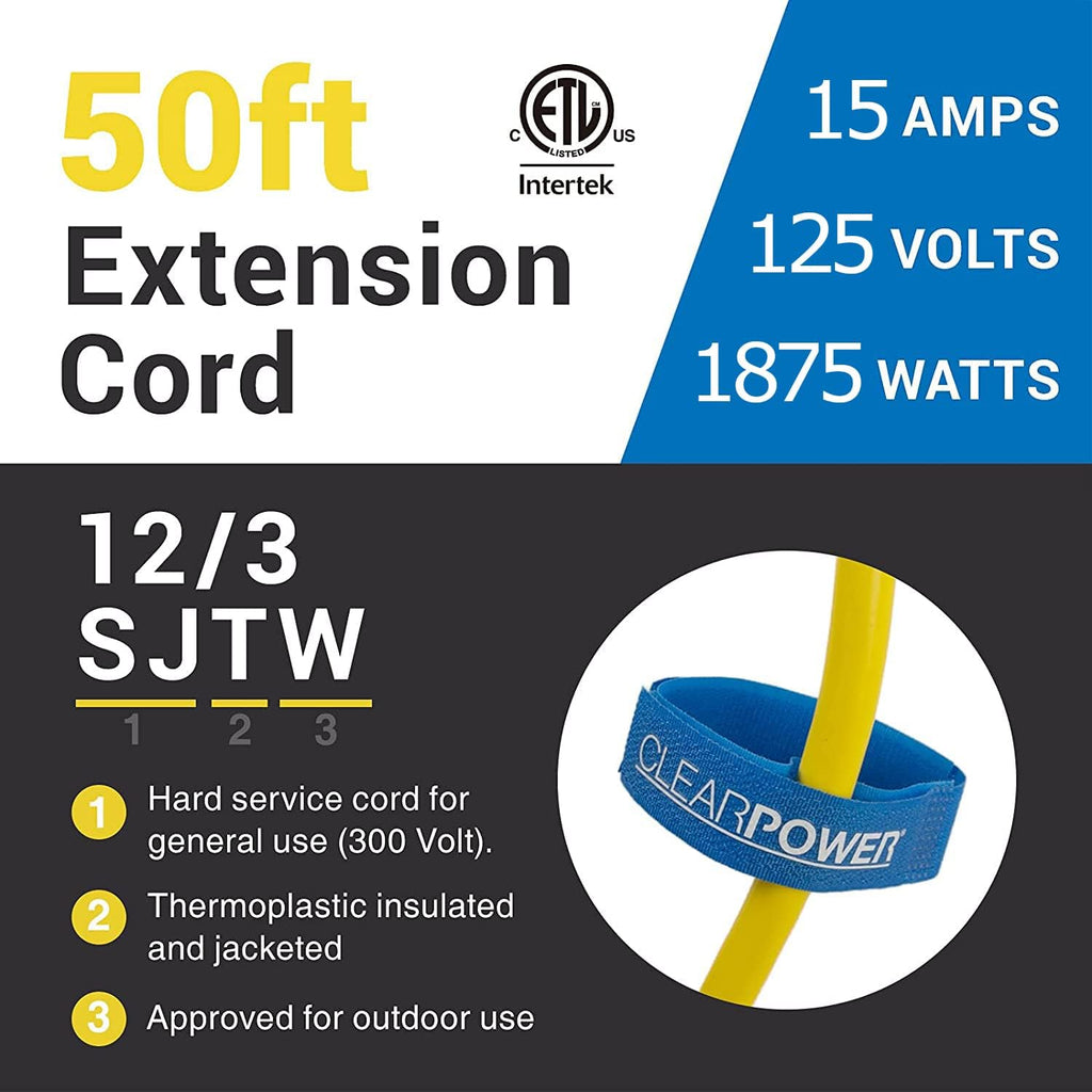 50 Ft 12/3 SJTW Heavy Duty Outdoor Extension Cord, Water & Weather Resistant, Flame Retardant, Yellow, 3 Prong Grounded Plug, CP10145
