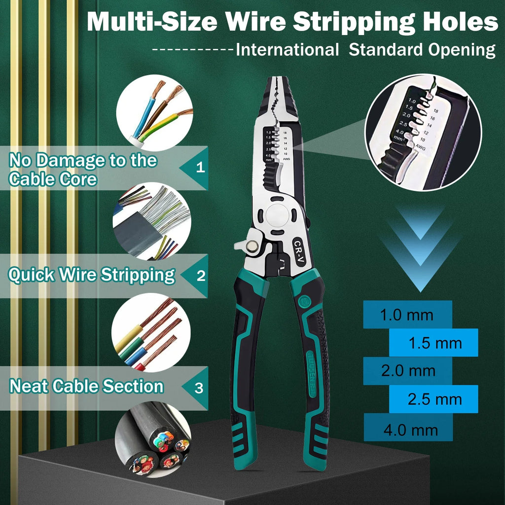 9 in 1 Multipurpose Wire Stripper, 9’’ Heavy Duty Super Tough Electrical Wire Pliers Crimper, Electrical Lineman Wire Stripper Tool with Wire Cutter, Wiring Tools