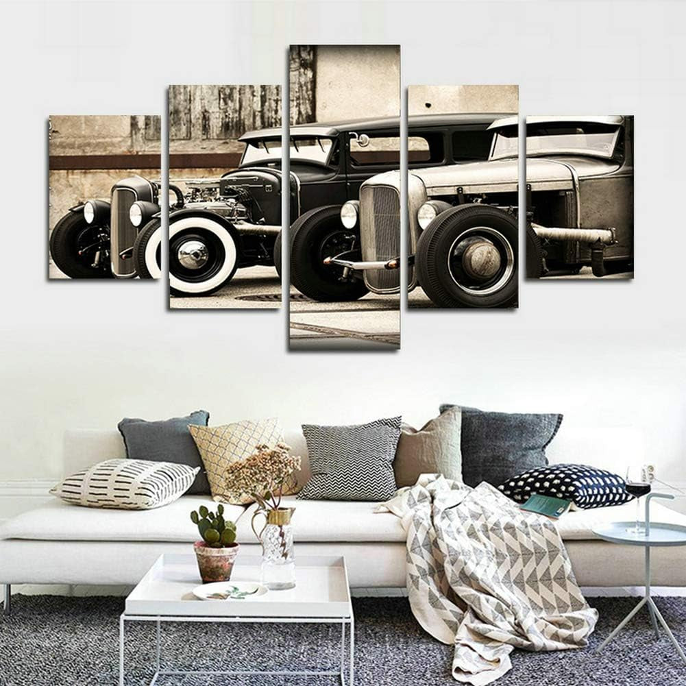 Modular Poster HD Printed Canvas Painting Frames for Living Room Wall Art 5 Pieces Hot Rod Vintage Car Pictures Home Decor(40" W X 20" H, Framed)