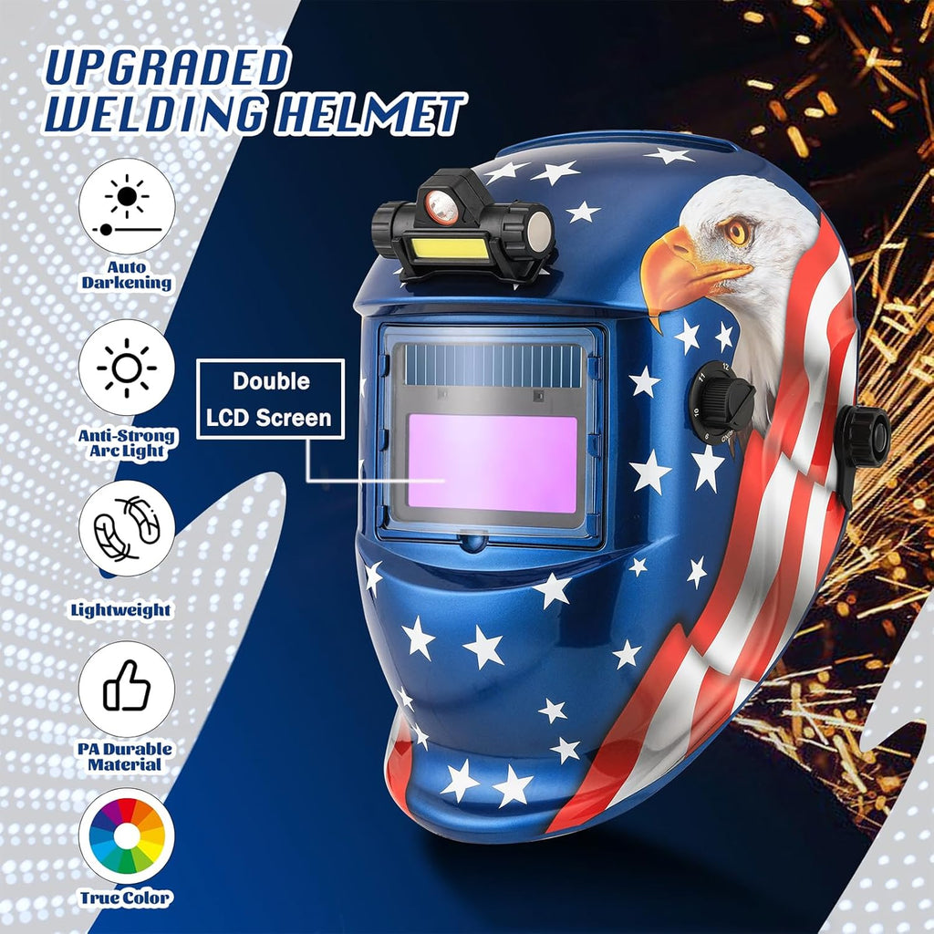 WR01A Welding Helmet Auto Darkening with LED Light True Color Solar Powered Welder Hood with Adjustable Shade Range 4/9-13 for Mig Tig Arc Welding Mask (Blue Eagle II)