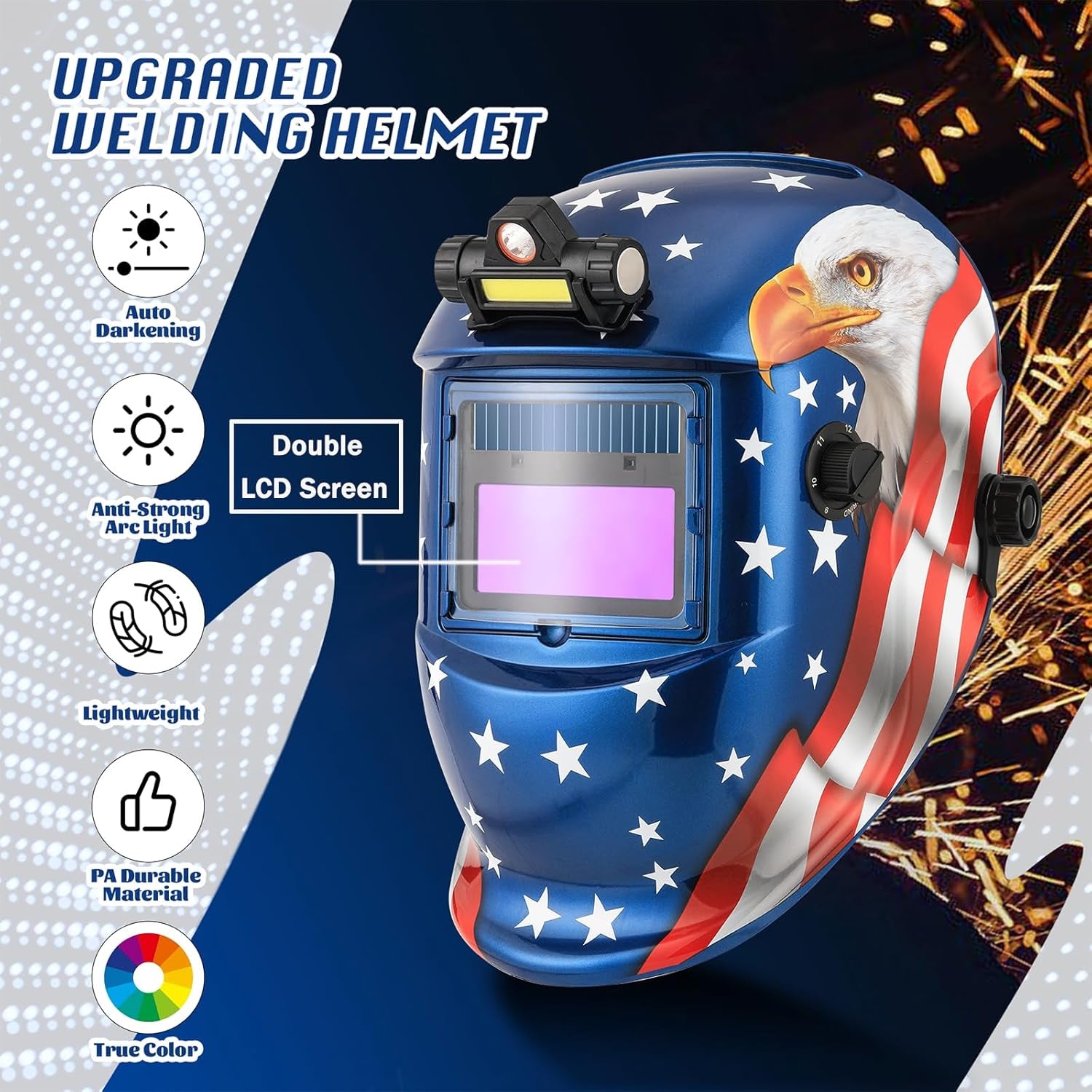 WR01A Welding Helmet Auto Darkening with LED Light True Color Solar Powered Welder Hood with Adjustable Shade Range 4/9-13 for Mig Tig Arc Welding Mask (Blue Eagle II)