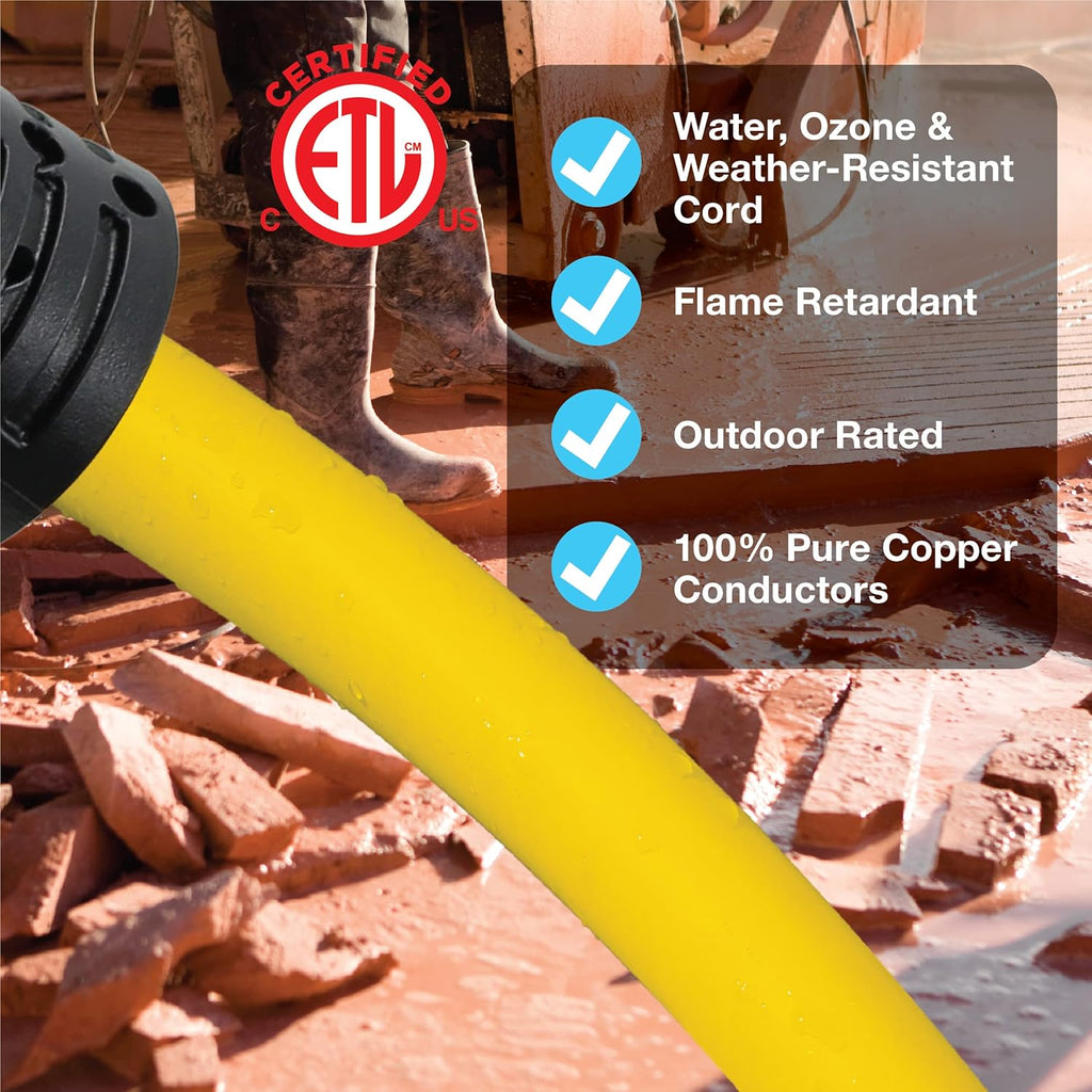 50 Ft 12/3 SJTW Heavy Duty Outdoor Extension Cord, Water & Weather Resistant, Flame Retardant, Yellow, 3 Prong Grounded Plug, CP10145