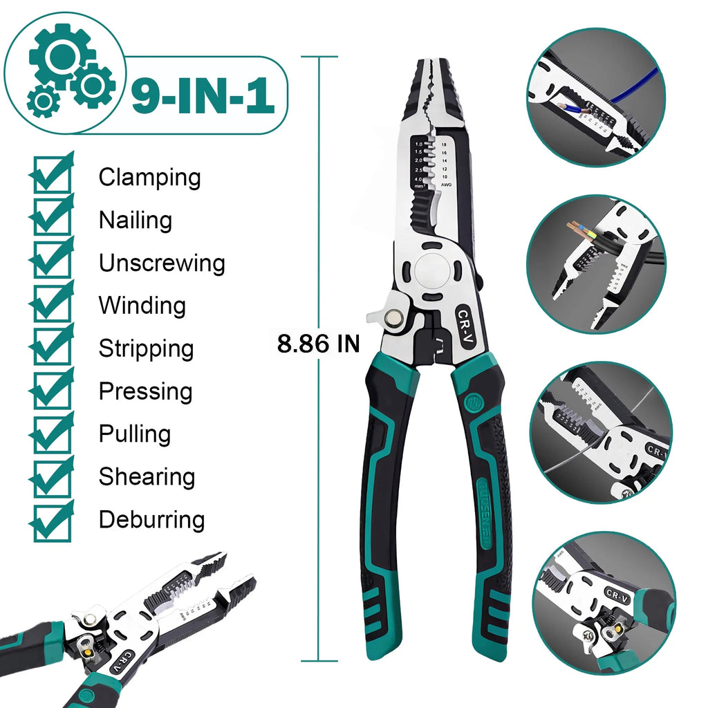 9 in 1 Multipurpose Wire Stripper, 9’’ Heavy Duty Super Tough Electrical Wire Pliers Crimper, Electrical Lineman Wire Stripper Tool with Wire Cutter, Wiring Tools