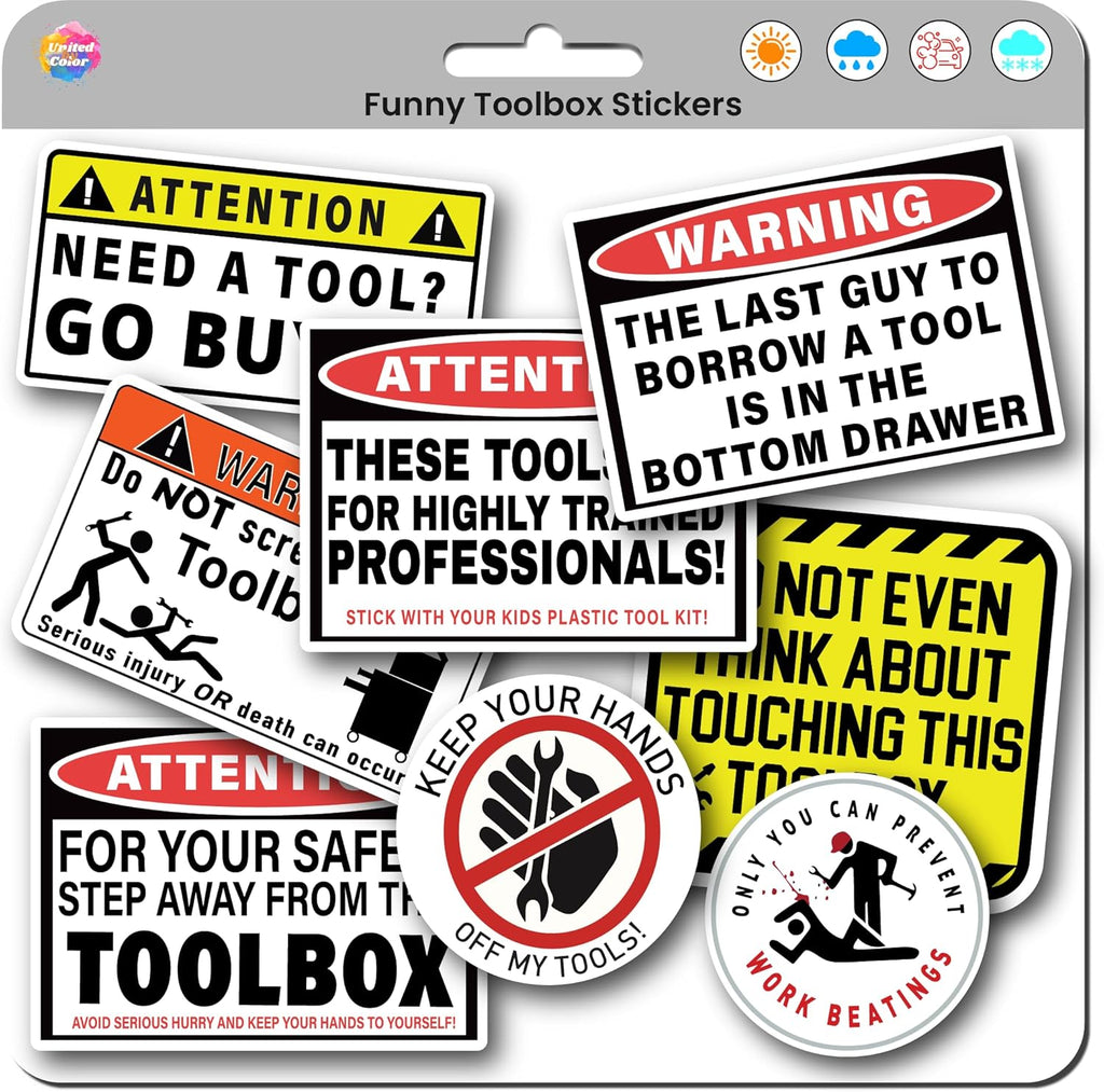 Funny Tool Box Stickers and Decals (8 Pack) - Strong Adhesive Waterproof Funnytool Warning Stickers - No Fade, Used for Tool Box, Helmet, Hard Hat, Laptop, Water Bottle