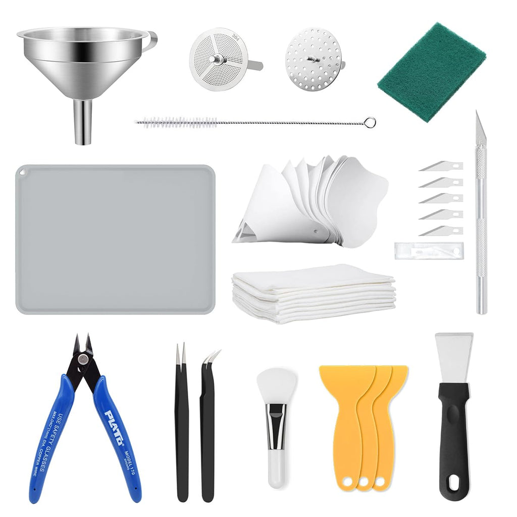 Resin 3D Printer Accessories Kit, Including Cleaning Silicone Pad and Stainless Steel Funnel, Maintenance Tool Knife, Tweezers, Funnel, Scissors, Trimming Knife, 3D Printer Tool Kit (Resin Tools Kit)