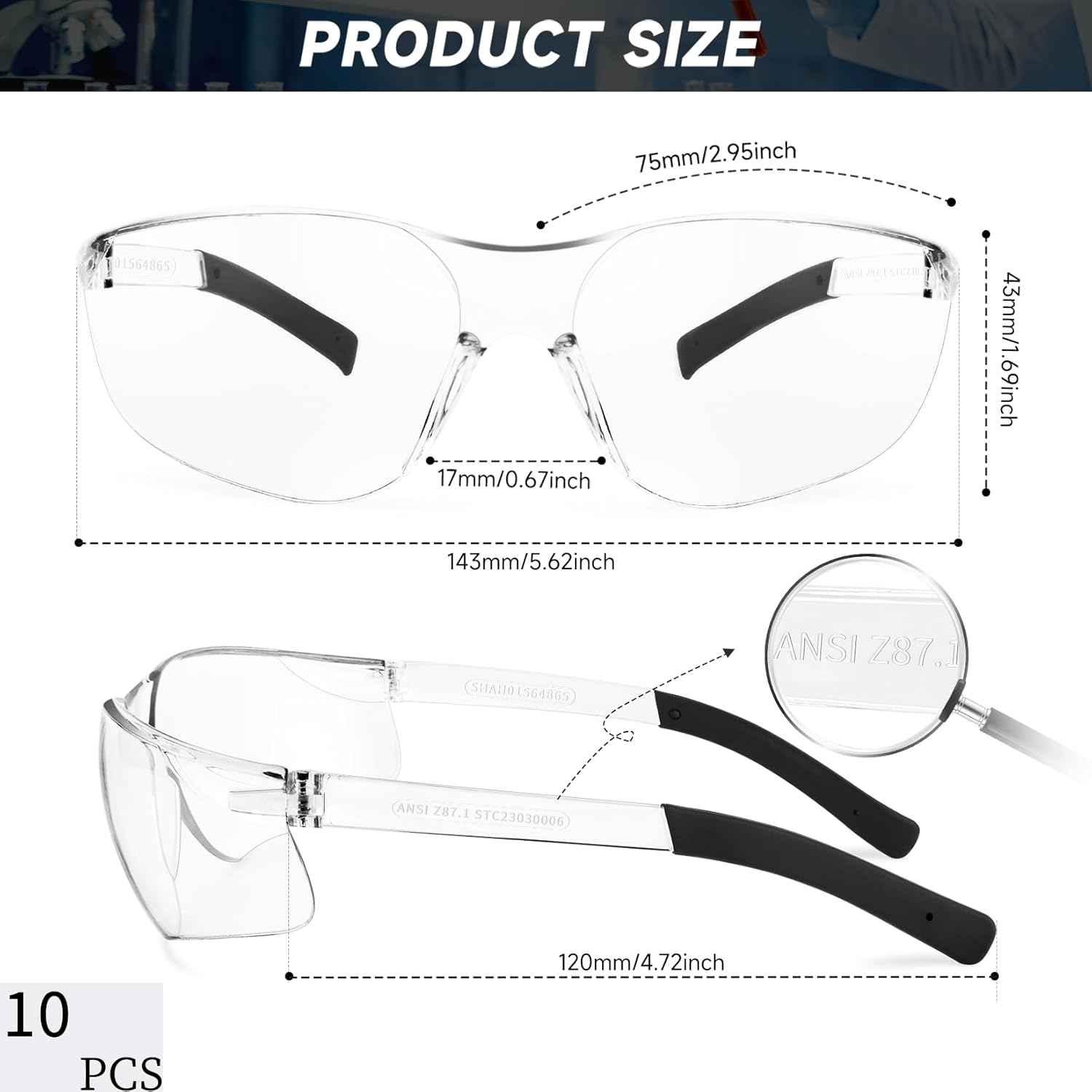 Clear Safety Glasses Bulk of 10 ANSI Z87.1 Protective Eyewear Scratch-Resistant for Work, Lab, Construction