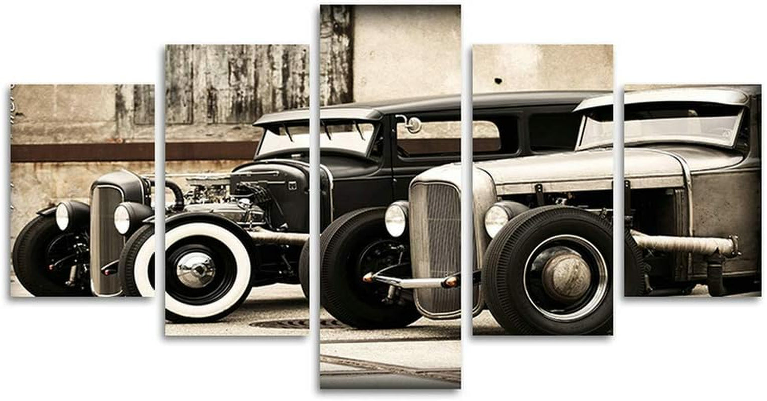 Modular Poster HD Printed Canvas Painting Frames for Living Room Wall Art 5 Pieces Hot Rod Vintage Car Pictures Home Decor(40" W X 20" H, Framed)