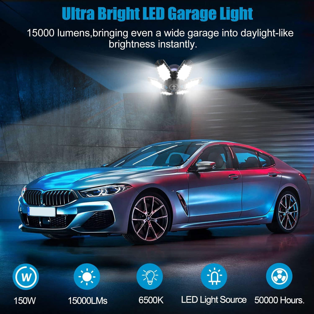 2 Pack Motion Sensor Garage Light, Total 30000LM Deformable Garage Lighting, 150W LED Ceiling with Motion, Ultra Bright Motion Activated LED Shop Light for Attic, Basement