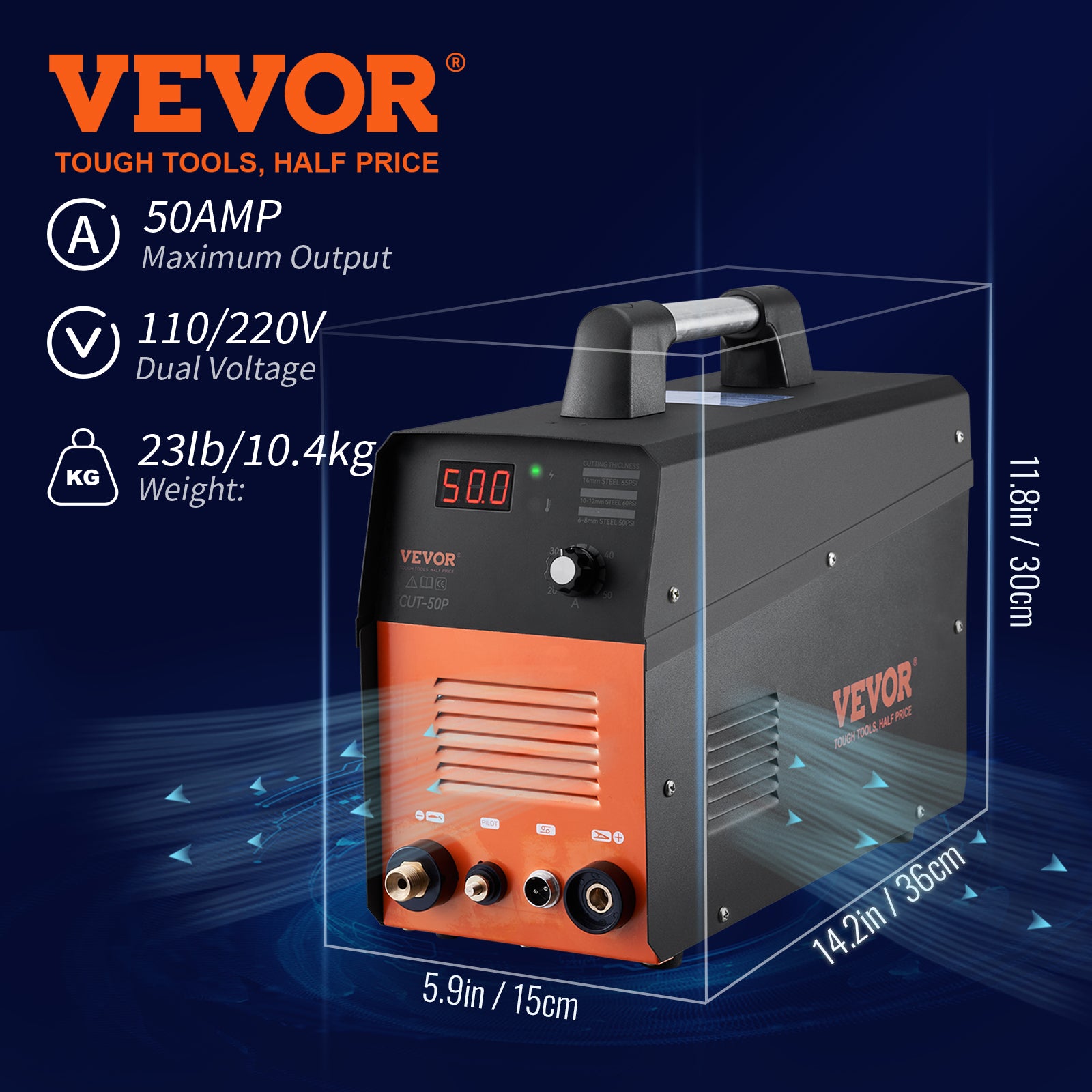 VEVOR Plasma Cutter, 50Amp, Non-Touch Pilot Arc Air Cutting Machine with Torch, 110V 220V Dual Voltage AC IGBT Inverter Metal Cutting Equipment for Clean Cut Aluminum and Stainless Steel, Black