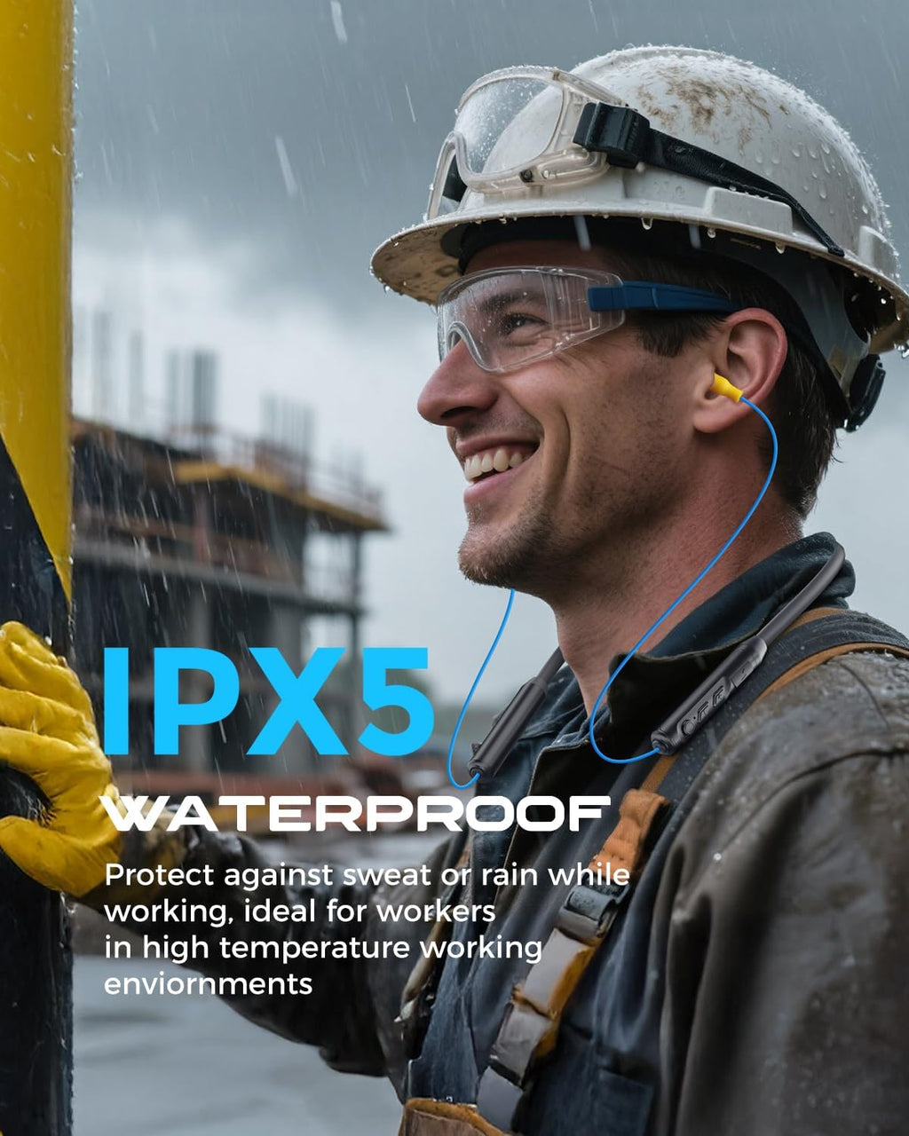 Premium Bluetooth Earplug Headphones - Wireless Neckband Earbuds with 29dB Noise Reduction, IPX5 Sweatproof, and 19+ Hour Battery Life in Blue