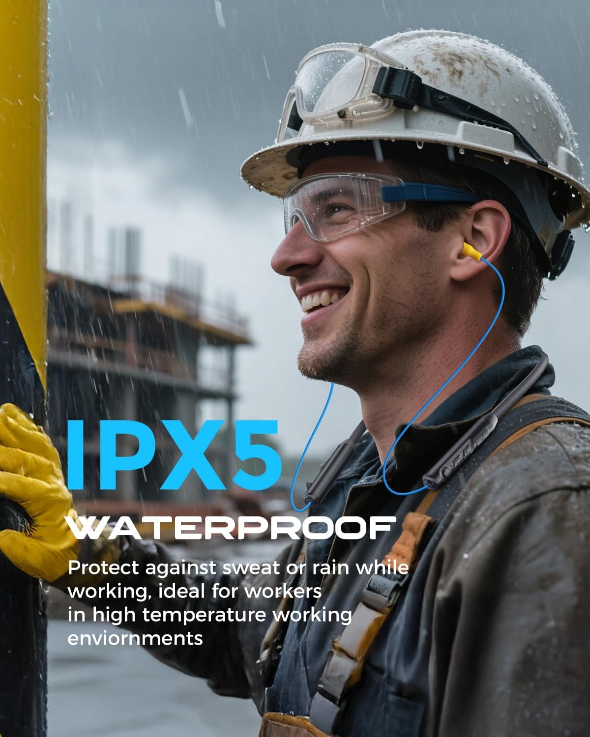 Premium Bluetooth Earplug Headphones - Wireless Neckband Earbuds with 29dB Noise Reduction, IPX5 Sweatproof, and 19+ Hour Battery Life in Blue