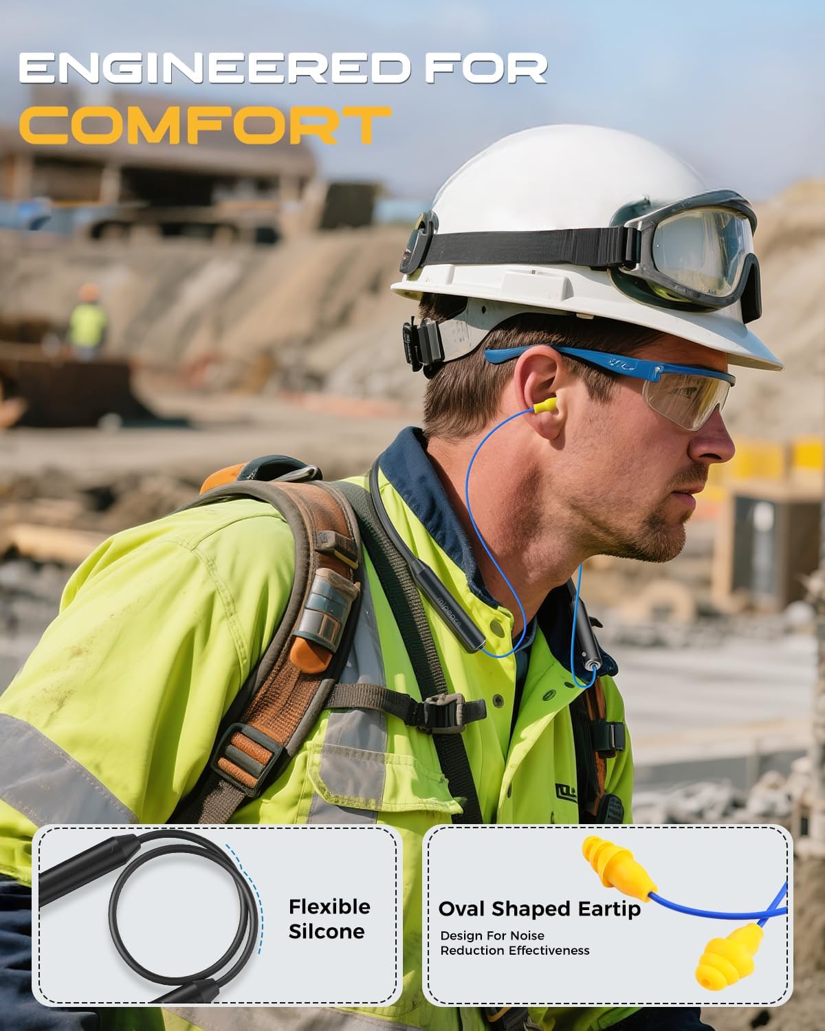 Premium Bluetooth Earplug Headphones - Wireless Neckband Earbuds with 29dB Noise Reduction, IPX5 Sweatproof, and 19+ Hour Battery Life in Blue