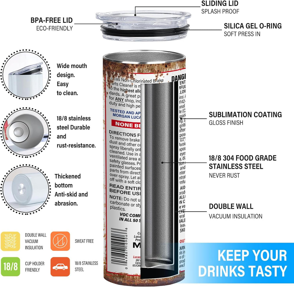20oz Insulated Skinny Tumbler – Hilarious Brake Cleaner Design Stainless Steel Travel Mug with Lid – Perfect Gift for Mechanics and Car Lovers