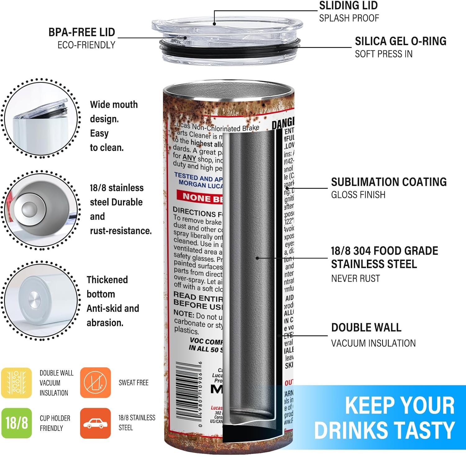 20oz Insulated Skinny Tumbler – Hilarious Brake Cleaner Design Stainless Steel Travel Mug with Lid – Perfect Gift for Mechanics and Car Lovers