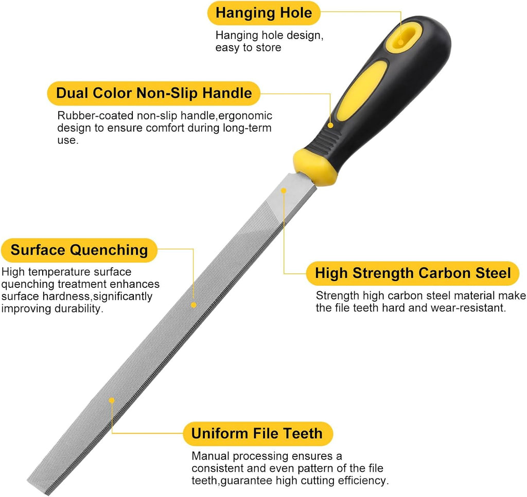 8In Flat Metal File, Total 12In, File Blade 8In, Anti-Slip Ergonomic Handle, Harden High Carbon Steel, Uniform Teeth, Ideal Hand Files to Sharpen and Deburr Metal, Stone, Wood, Plastic