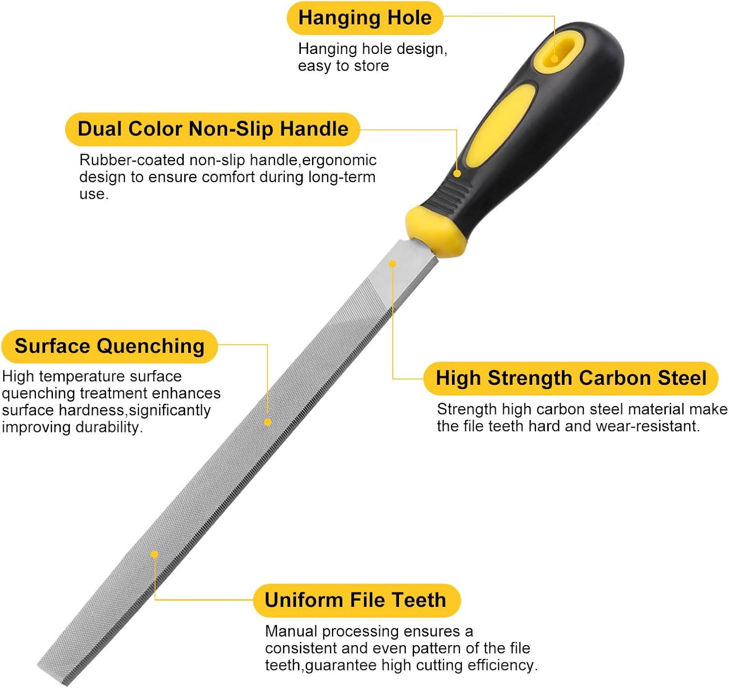8In Flat Metal File, Total 12In, File Blade 8In, Anti-Slip Ergonomic Handle, Harden High Carbon Steel, Uniform Teeth, Ideal Hand Files to Sharpen and Deburr Metal, Stone, Wood, Plastic