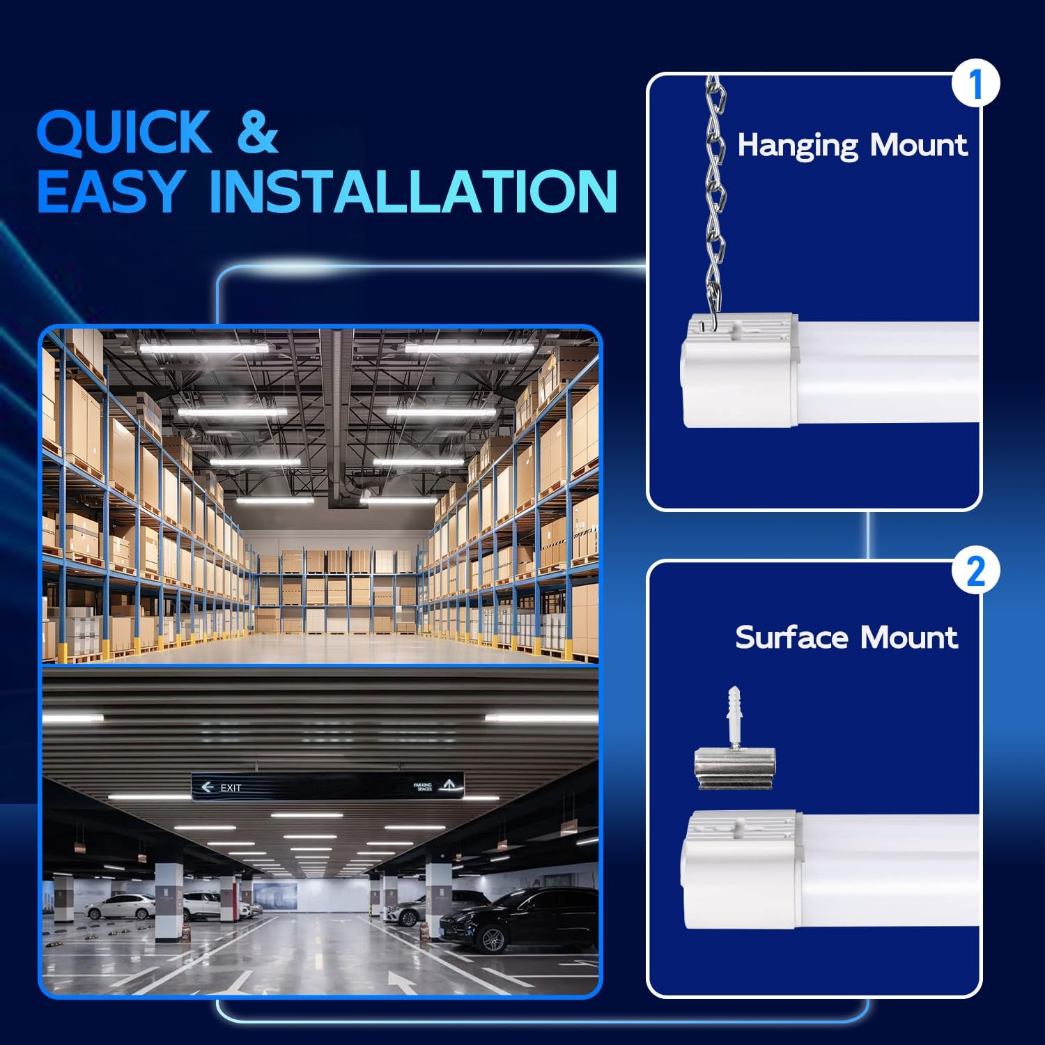 4 Pack Linkable LED Shop Light, 4FT 42W [250W Equivalent], 4400Lm, 5000K Daylight, with Plug, Utility Light Fixture, Hanging or Surface Mount, White