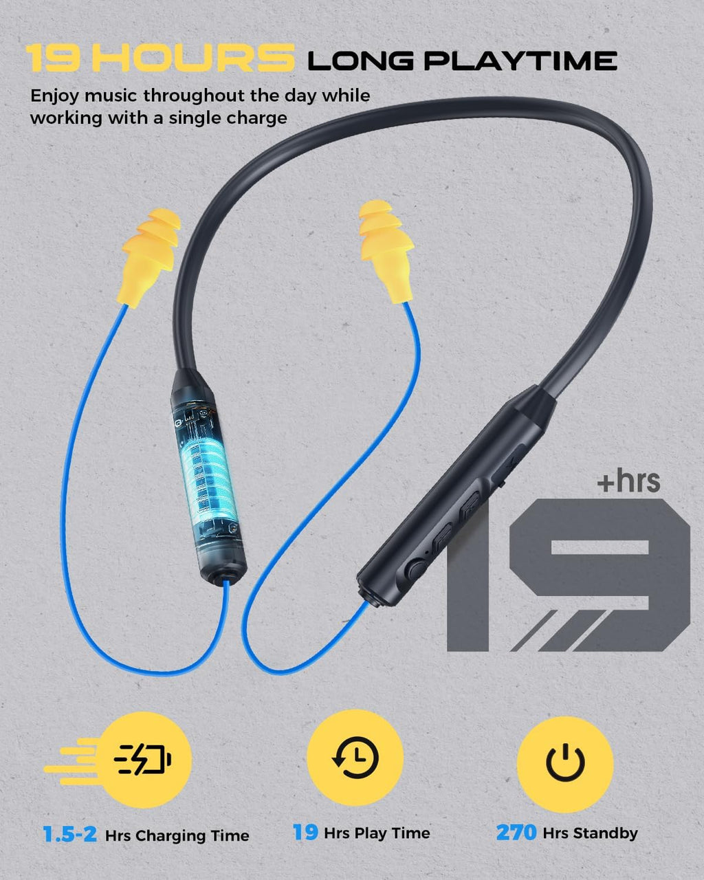 Premium Bluetooth Earplug Headphones - Wireless Neckband Earbuds with 29dB Noise Reduction, IPX5 Sweatproof, and 19+ Hour Battery Life in Blue
