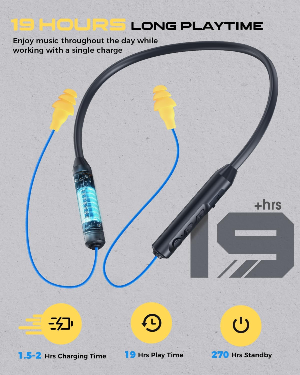 Premium Bluetooth Earplug Headphones - Wireless Neckband Earbuds with 29dB Noise Reduction, IPX5 Sweatproof, and 19+ Hour Battery Life in Blue