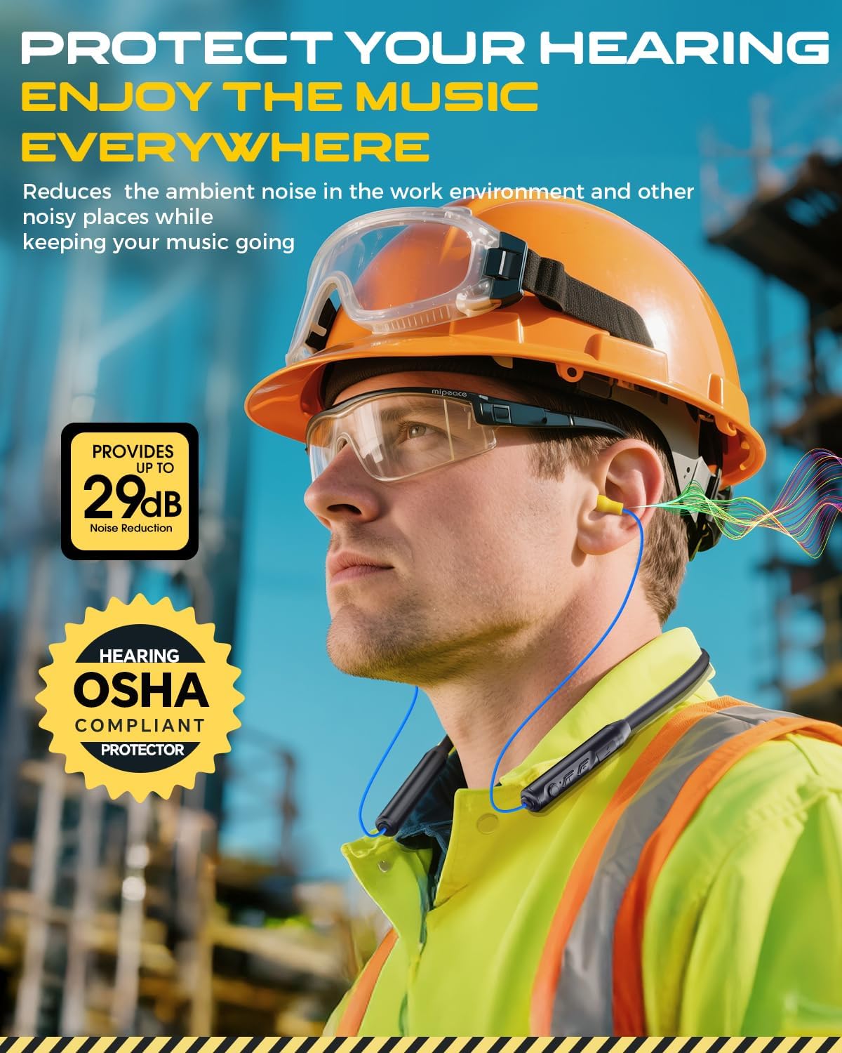 Premium Bluetooth Earplug Headphones - Wireless Neckband Earbuds with 29dB Noise Reduction, IPX5 Sweatproof, and 19+ Hour Battery Life in Blue