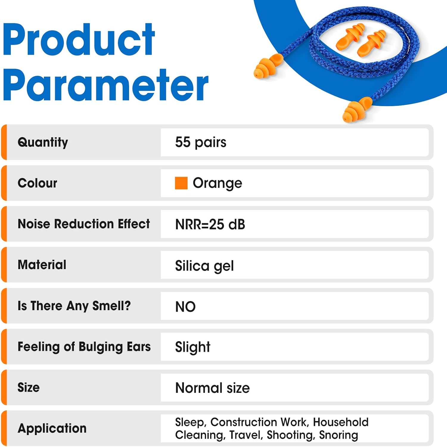 55 Pairs Silicone Ear Plugs, Reusable Earplugs for Noise Reduction, 25Db NRR Corded Ear Plug for Sleeping Noise Cancelling, Ear Plug with String Individual Packing