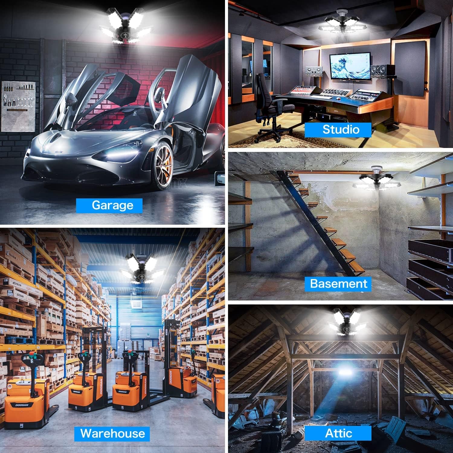 2 Pack Motion Sensor Garage Light, Total 30000LM Deformable Garage Lighting, 150W LED Ceiling with Motion, Ultra Bright Motion Activated LED Shop Light for Attic, Basement