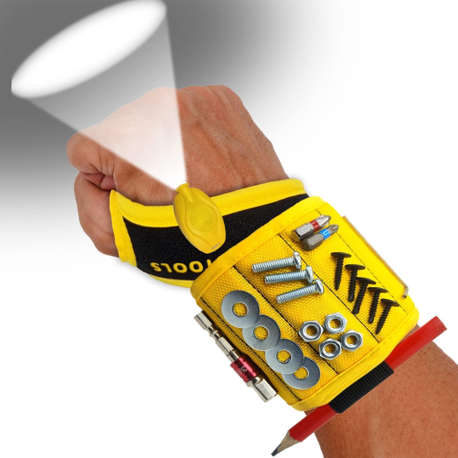 Magnetic Wristband with Flashlight and Tape Measure – Screw, Drill Bit, and Nail Holder with 20 Strong Magnet Pieces Increases Convenience for DIY, Carpenters, Mechanics, and More by