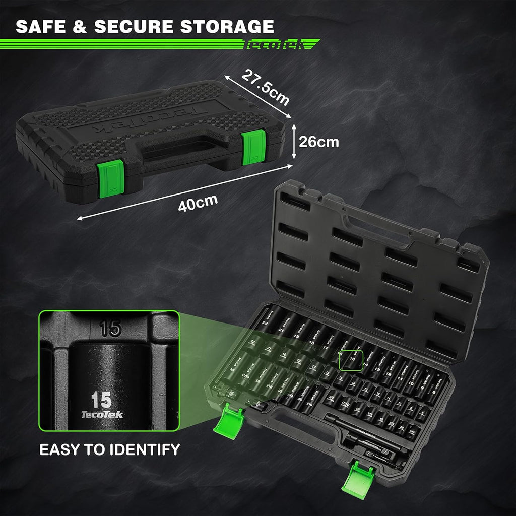 3/8" Drive Impact Socket Set, 49-Piece SAE (5/16"-3/4") and Metric (8Mm-22Mm), 6 Point, Cr-V, Extension Bars, 1/2" F to 3/8" M Reducer, Universal Joint and Power Drill Adapter