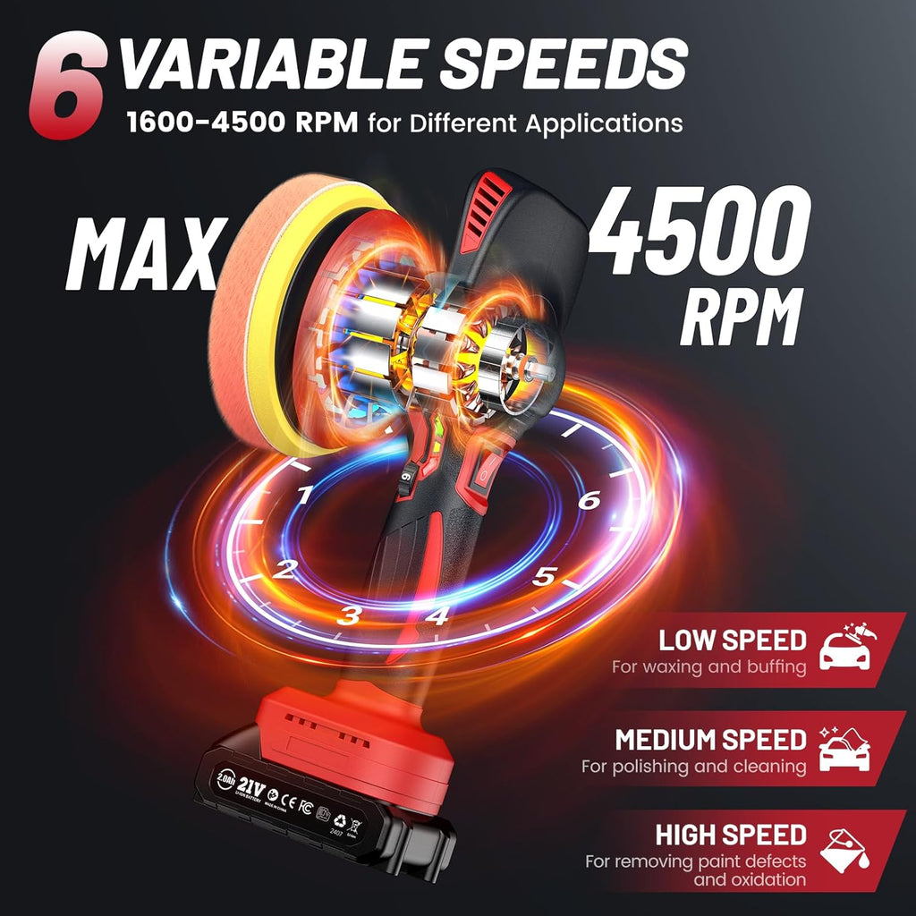 Cordless Car Buffer Polisher Kit W/ 2X2000Mah 21V Batteries, 6 Inch Car Buffer Waxer Kit W/ 6 Variable Speed & Extra 10 PCS Attachments, Polisher for Car Detailing,Boat Sanding,Scratch Removing