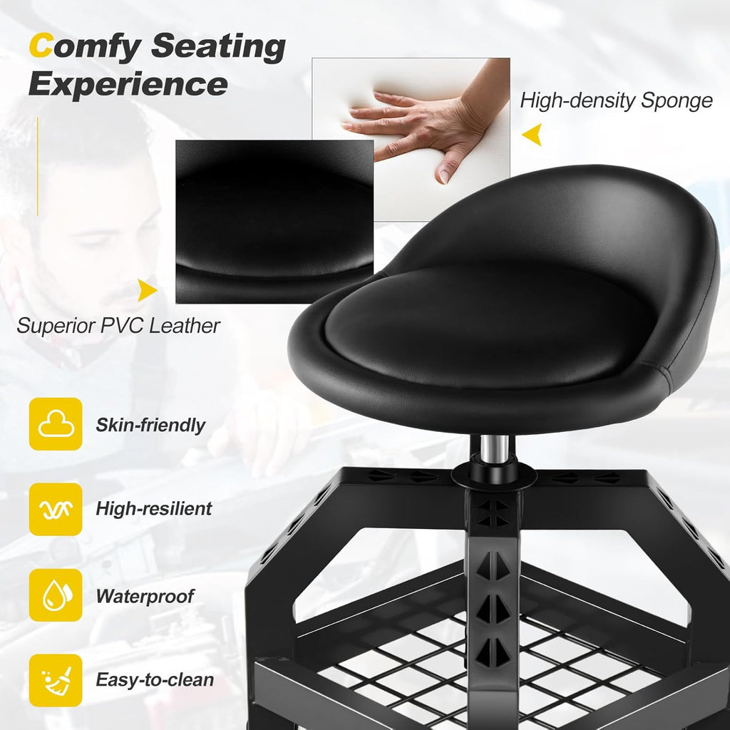 Rolling Garage Stool, 22.5”-27.5” Adjustable Mechanic Chair with Padded Seat, 330LBS Capacity, Tool Tray, Heavy Duty Creeper Seat, 360° Swivel Shop Stool for Workshop