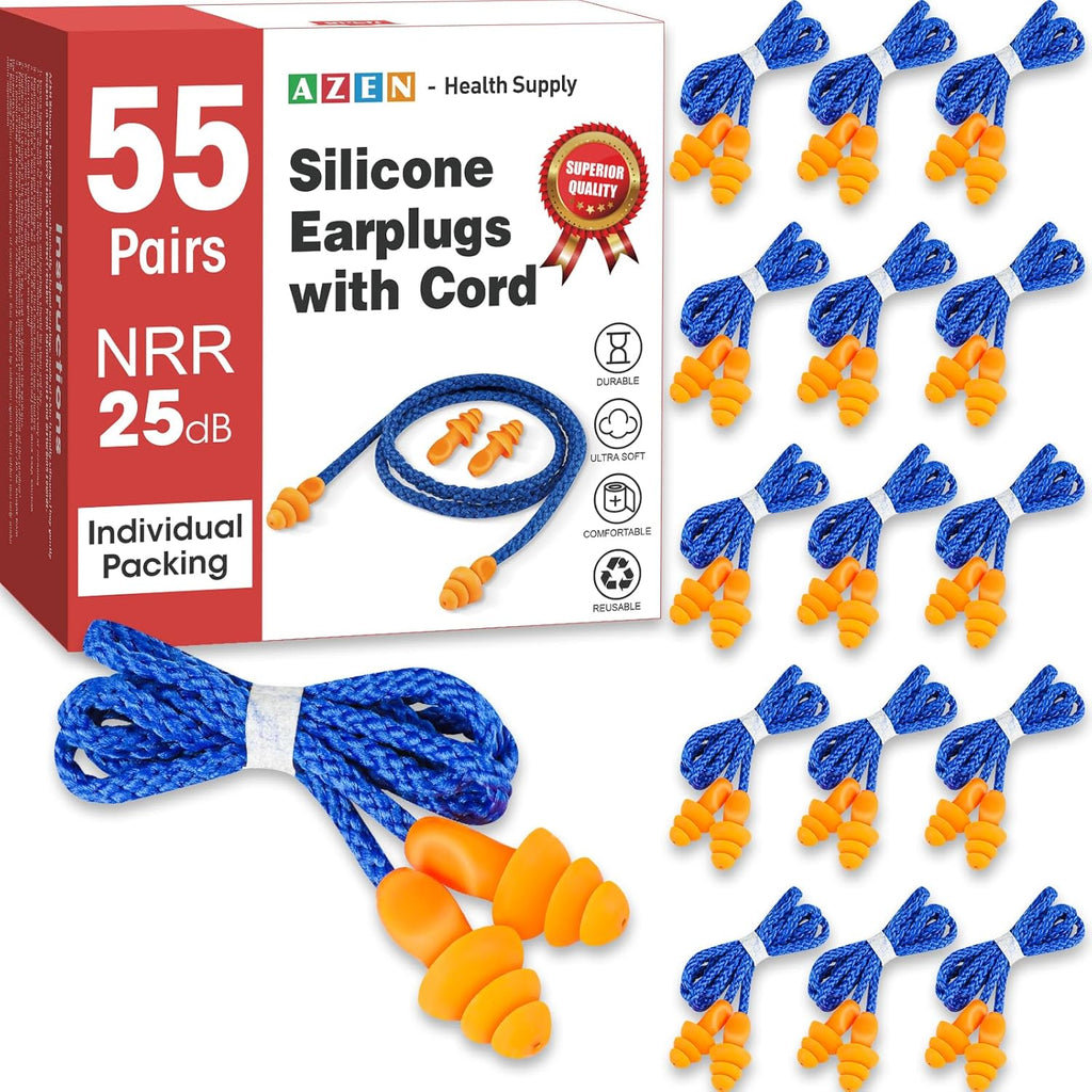 55 Pairs Silicone Ear Plugs, Reusable Earplugs for Noise Reduction, 25Db NRR Corded Ear Plug for Sleeping Noise Cancelling, Ear Plug with String Individual Packing